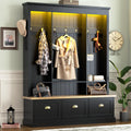 Merax Hall Tree with Bench with LED, 9 Hooks & 3 Cabinets, Farmhouse Entryway Storage Organizer with Rack, Hall Tree with Bench and Storage, Black