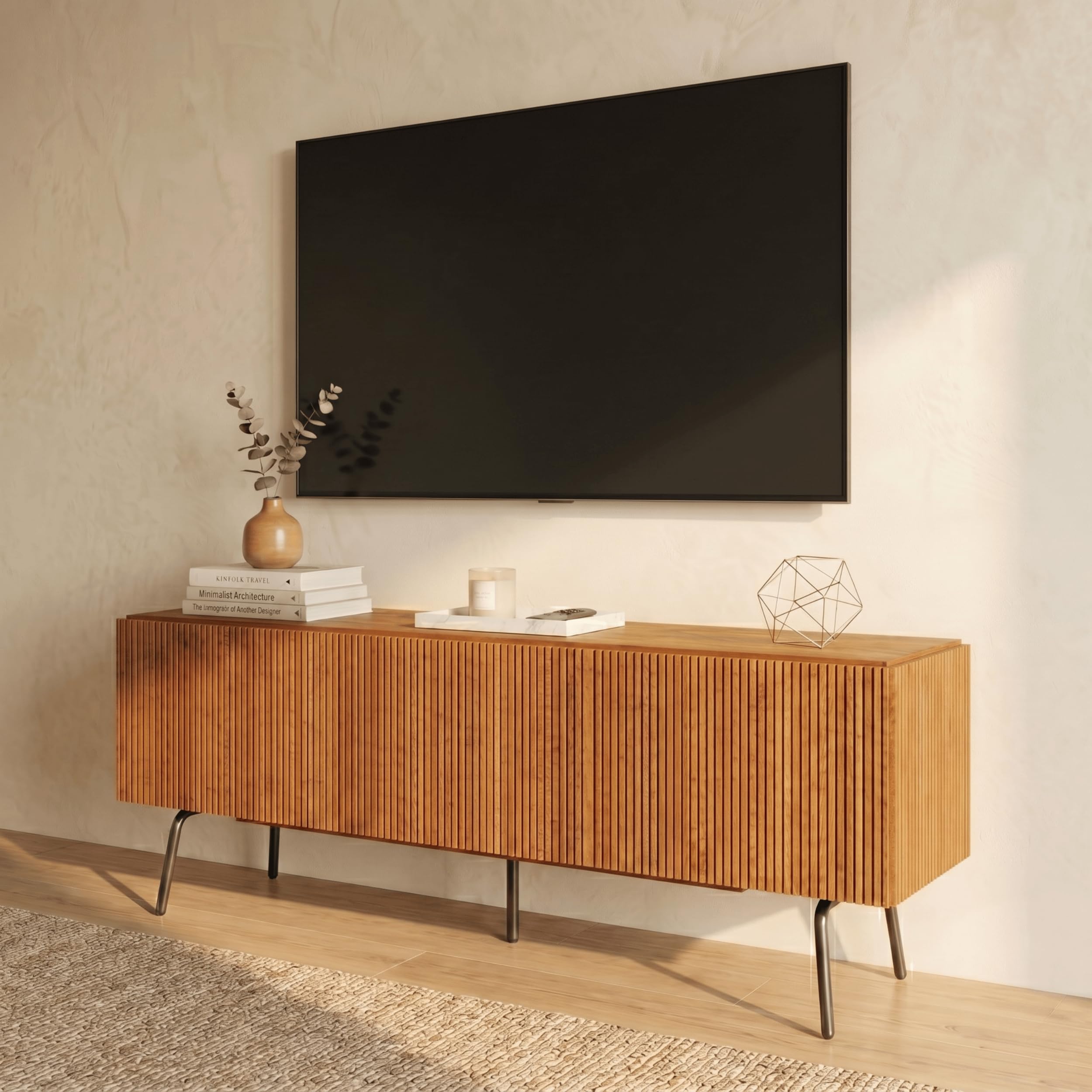 NTC Veil TV Stand with 3 Doors for TVs up to 60’’, Media Console with Vertical Groove Design and Metal Legs, Modern Entertainment Center for Living Room and Bedroom, Effortless Assembly, Teak Look