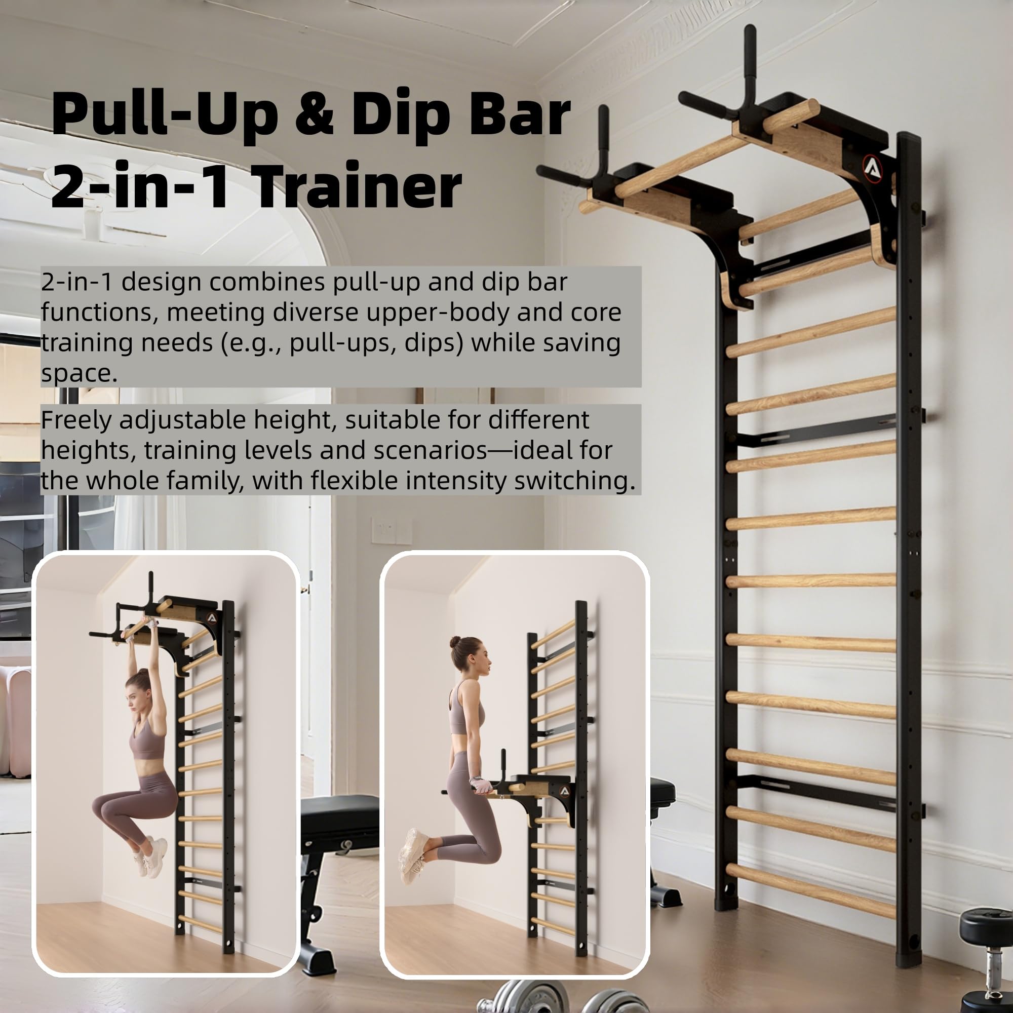 Swedish Ladder Pro, Wood Stall Bar with Push-Through Bar, Adjustable Pull-Up Dip Bar for Adults and Kids, Accessories Bundle, Spring, for Home, School, Physical Therapy and Gymnastics (40"x90“x26")
