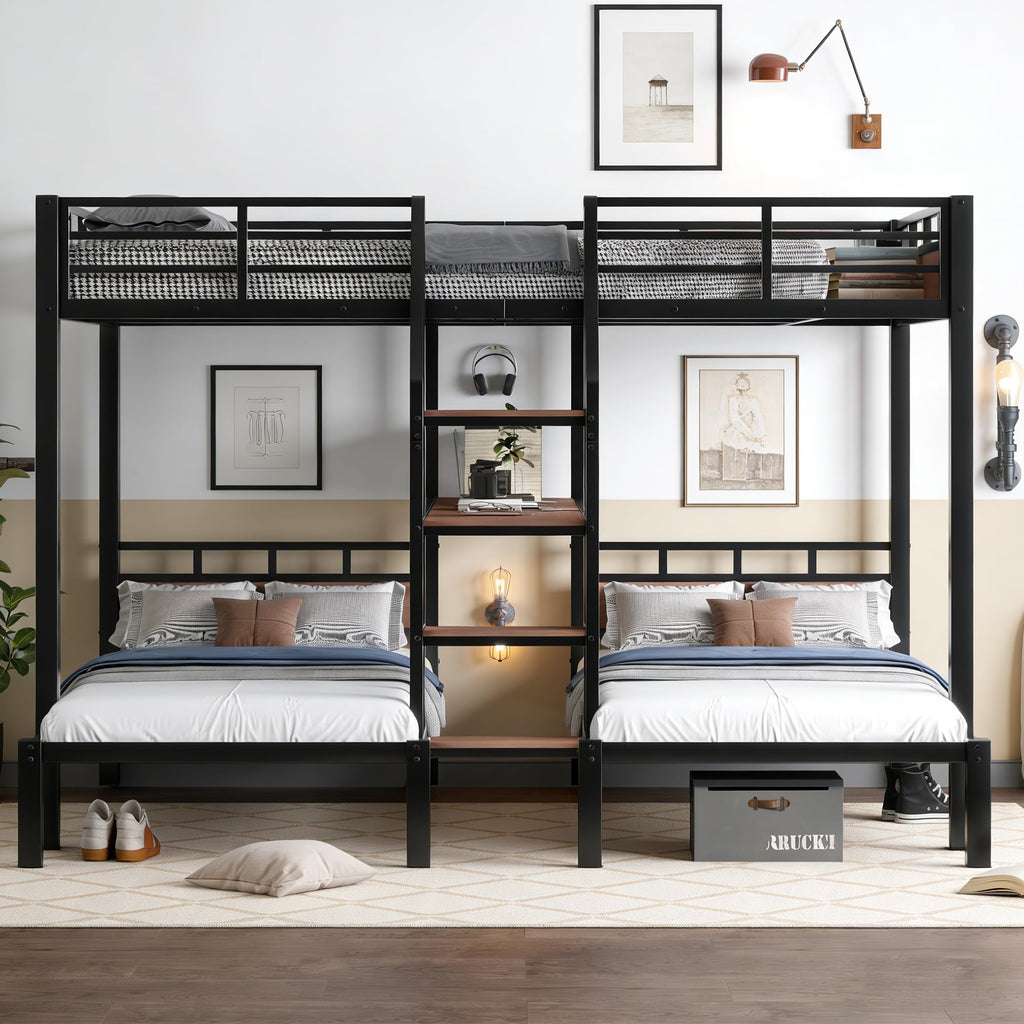 Bellemave Queen Over Twin Over Twin Bunk Beds for 3 Kids,Metal Heavy Duty Triple Bunk Bed Frame with Stairs and Storage Shelf,3 Bed Bunk Beds,Twin Size Triple Bed,Black