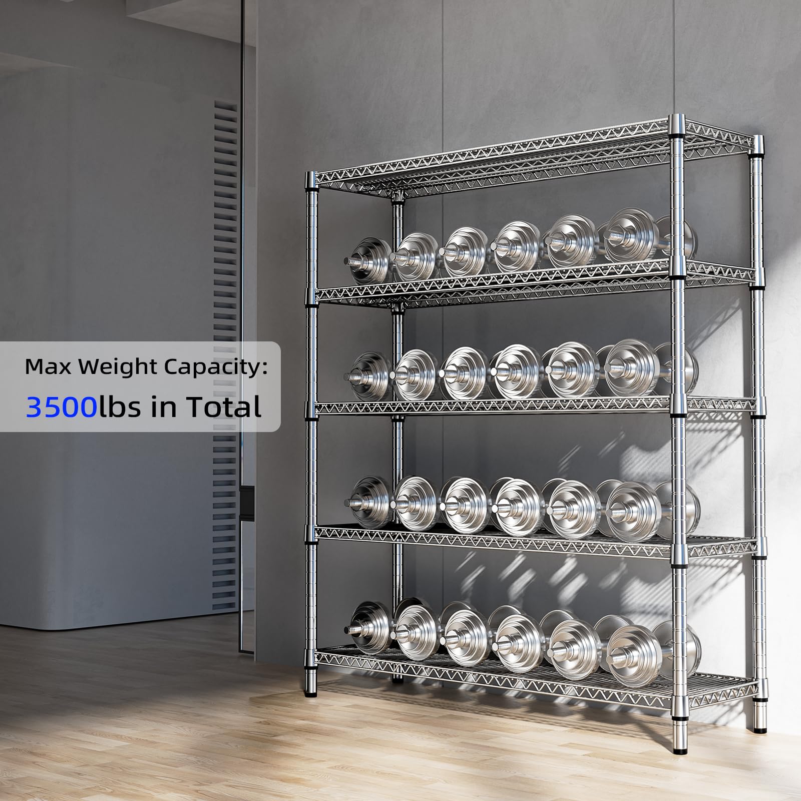 M MZG 3500LBS 59" W 5 Tier Storage Shelves Rack Metal Wire Shelving Unit, Storage Standing Shelf Organizer for Laundry Bathroom Kitchen Pantry Closet Garage, Chrome 17.7" D x 59.1" W x 70.4" H