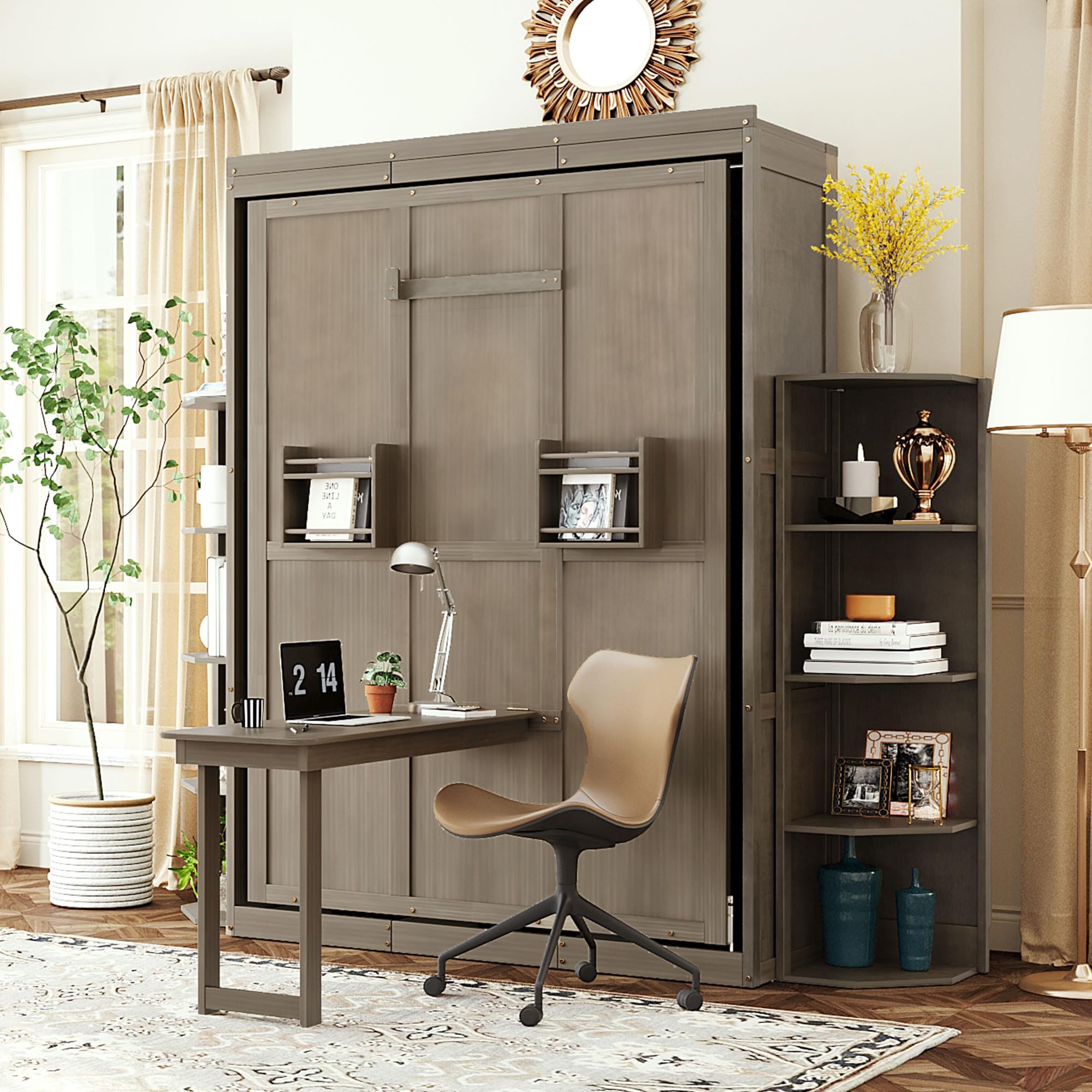 Rotating Full Murphy Bed with Hidden Wall Cabinet, Dual 3-Tier Side Shelves, Convertible Desk, Extra Storage Racks, Space-Saving Multifunctional Wall Bed for Home Office &Small Rooms, Gray