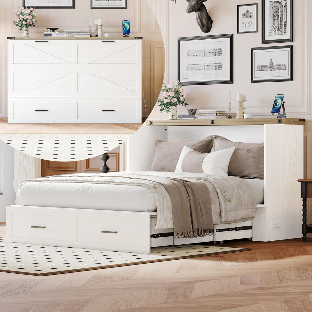 Merax Modern Farmhouse Solid Wood Murphy Cabinet Bed with Charging Station, Foldable Wall Platform Bed with Storage Drawer/No Box Spring Needed/Easy Assemble/Full, White