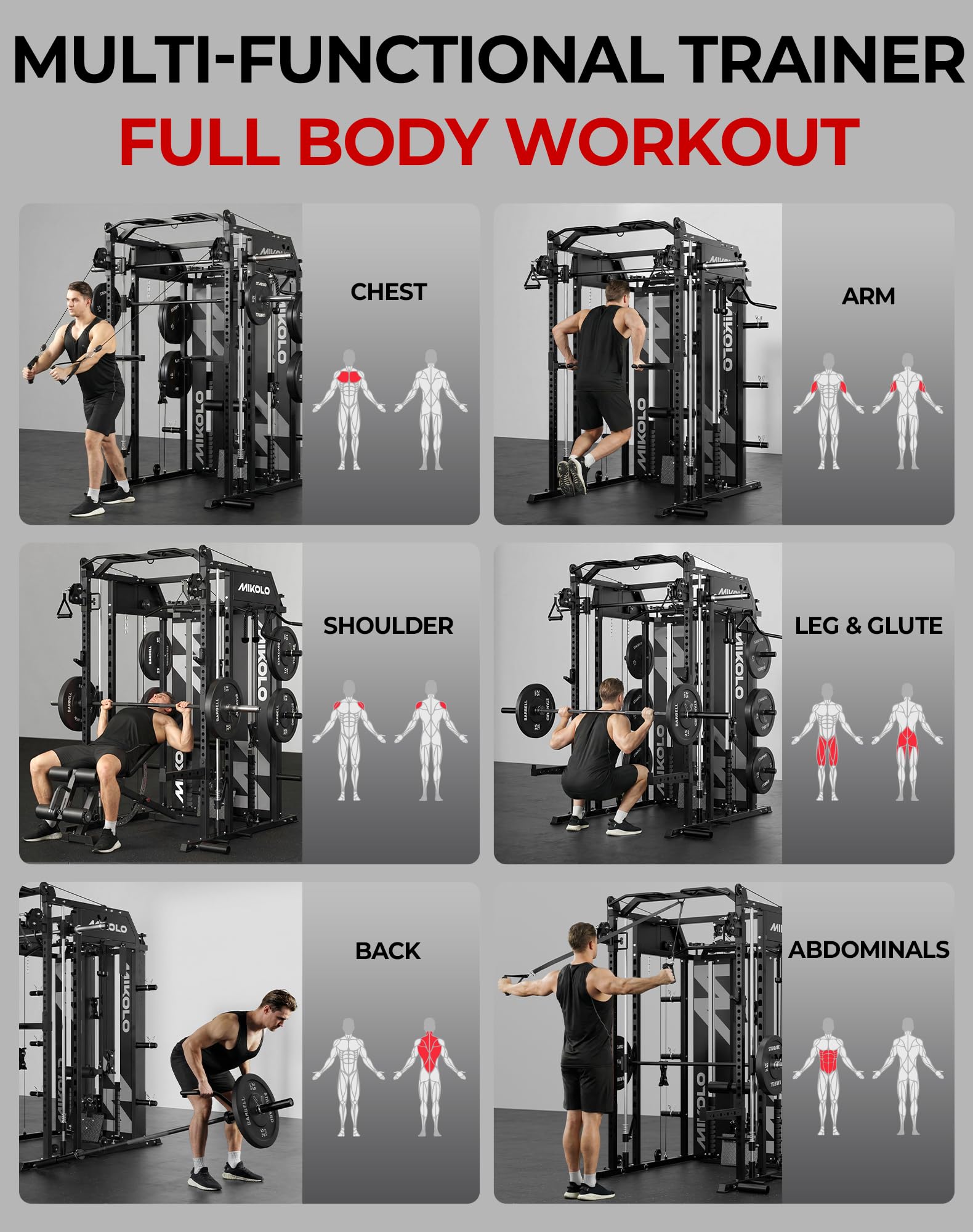 Mikolo Smith Machine with Weight Stack, Power Cage Home Gym System with LAT Pulldown & Cable Crossover, Multi-Functional Trainer with Dual Pulley System, Weight Bench, Cable attachments