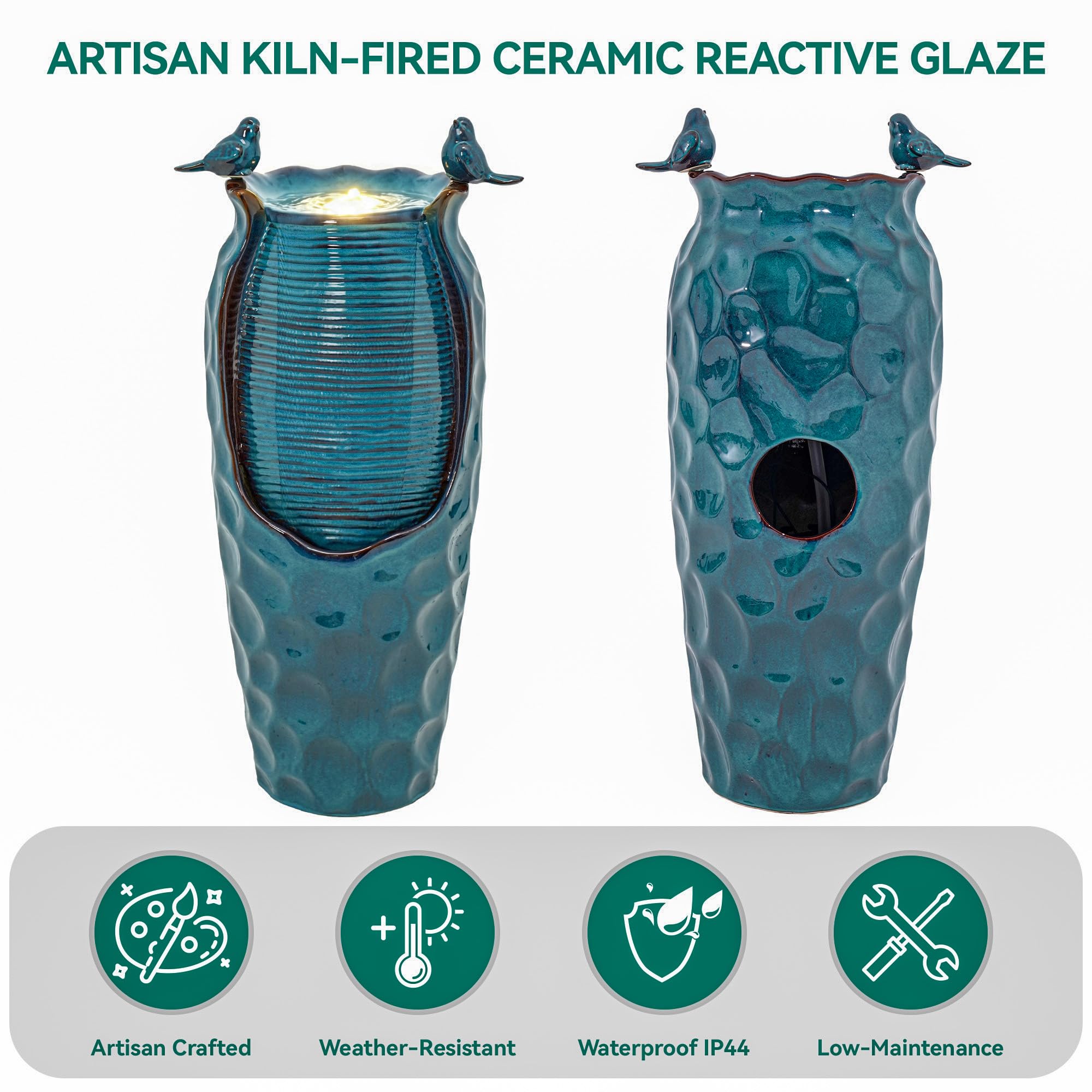 Autodaya 32.5" H Ceramic Jar Outdoor Fountain, Honeycomb Pot Water Feature with LED Lights, Soothing Trickling Waterfall for Garden, Patio, Yard, Balcony Oasis, KD Vivid Birds, Turquoise Glaze