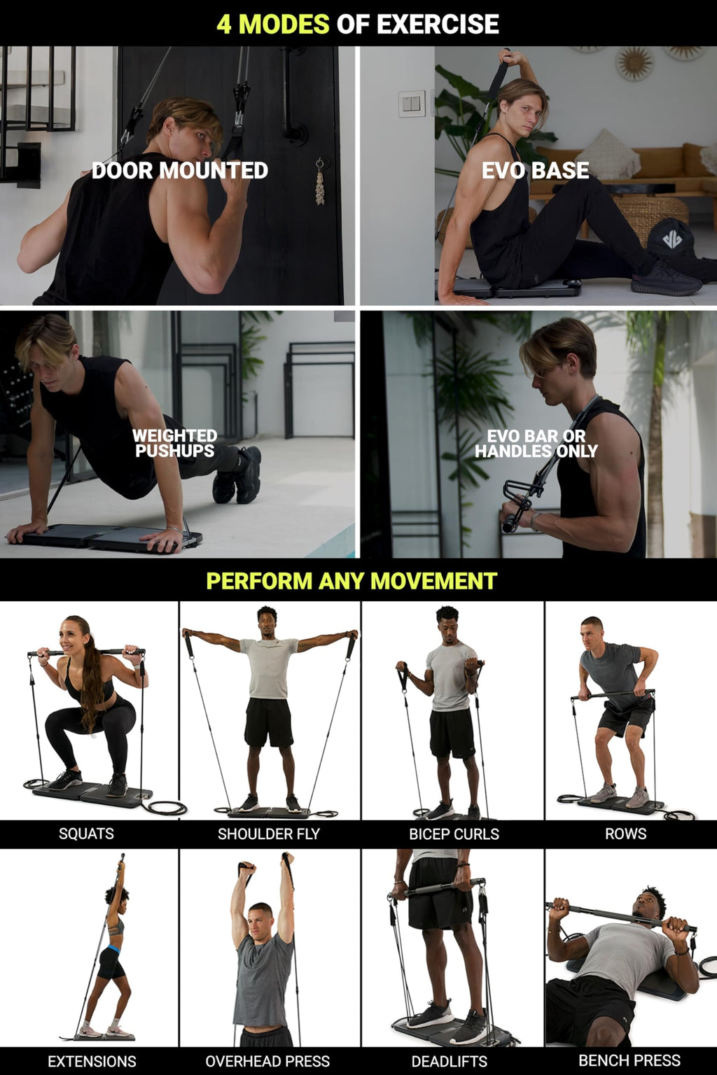 EVO Gym - Portable Home Gym Strength Training Equipment, At Home Gym | All in One Gym - 10 Resistance Bands, Base Holds Gym Bar & Handles for Travel | Portable Gym & Home Exercise Equipment | 320LBS