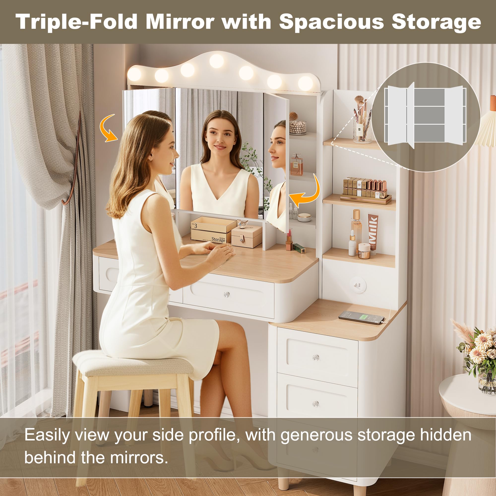 KEIKI Vanity Desk with Adjustable LED Lighted Mirror & USB Ports, Makeup Vanity Table Set with & Foldable 3-Sided Mirror & Large 5 Storage Drawers & Chest for Women and Girls Bedroom Dorm