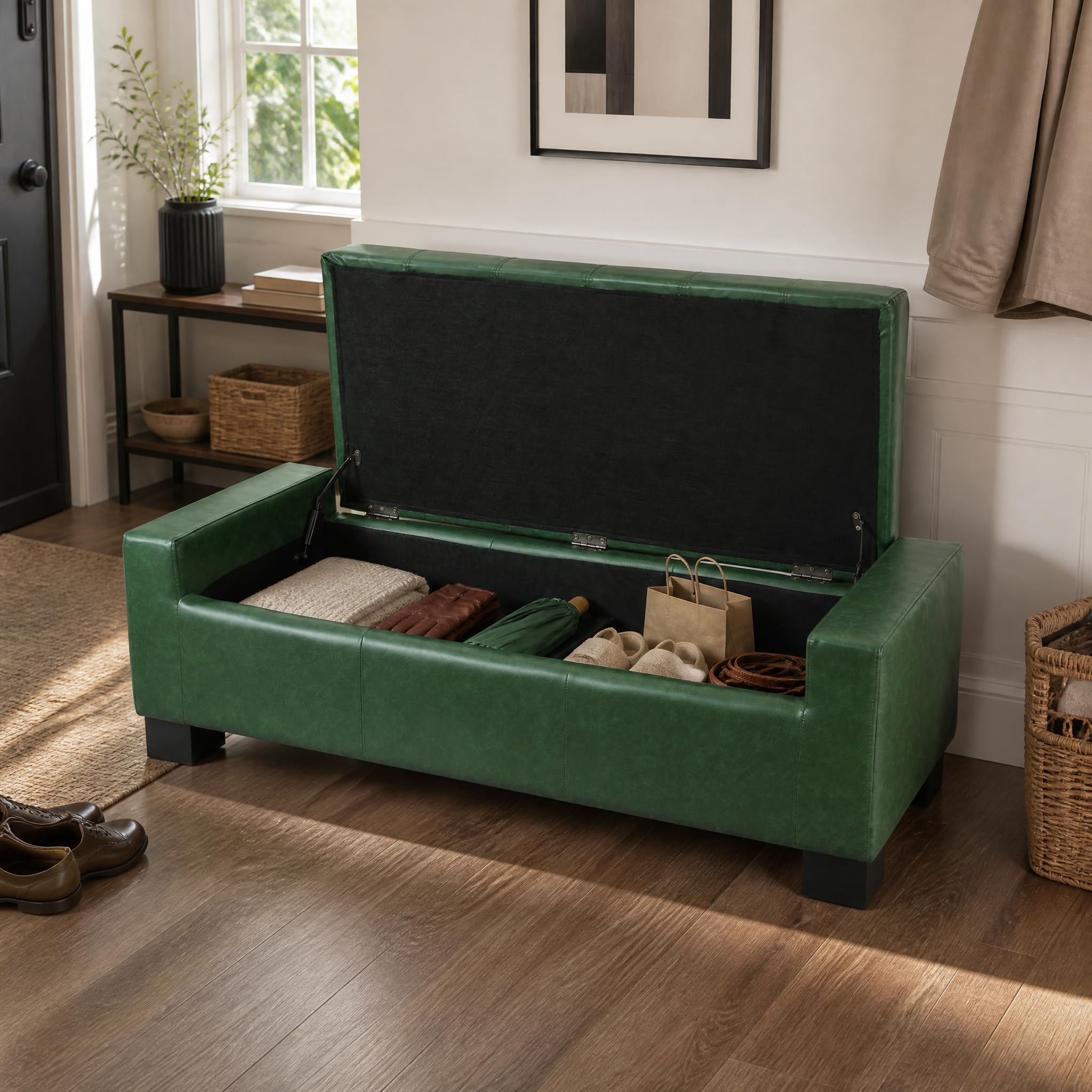 Christopher Knight Home Vance Tufted Storage Ottoman Bench, PU Upholstered Ottoman with Storage, Modern Bedroom End of Bed Bench with Storage, Comfy Living Room Sofa Extra Seat, Green+Black