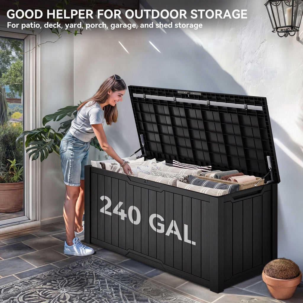 YITAHOME XXL 240 Gallon Large Outdoor Storage Deck Box for Patio Furniture, Outdoor Cushions, Garden Tools and Sports/Pools Equipment, Weather Resistant Resin, Lockable (Black)
