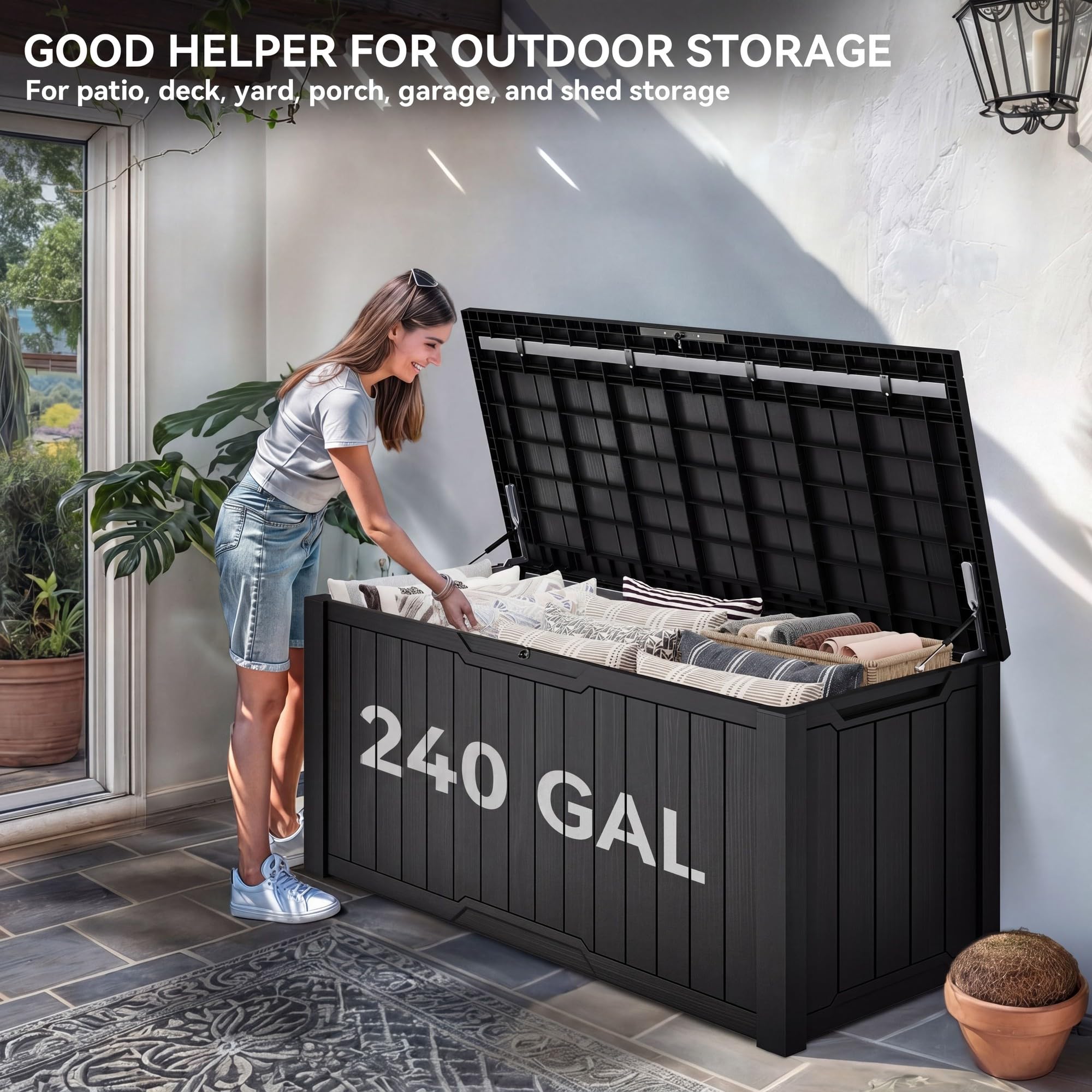 YITAHOME XXL 240 Gallon Large Outdoor Storage Deck Box for Patio Furniture, Outdoor Cushions, Garden Tools and Sports/Pools Equipment, Weather Resistant Resin, Lockable (Black)