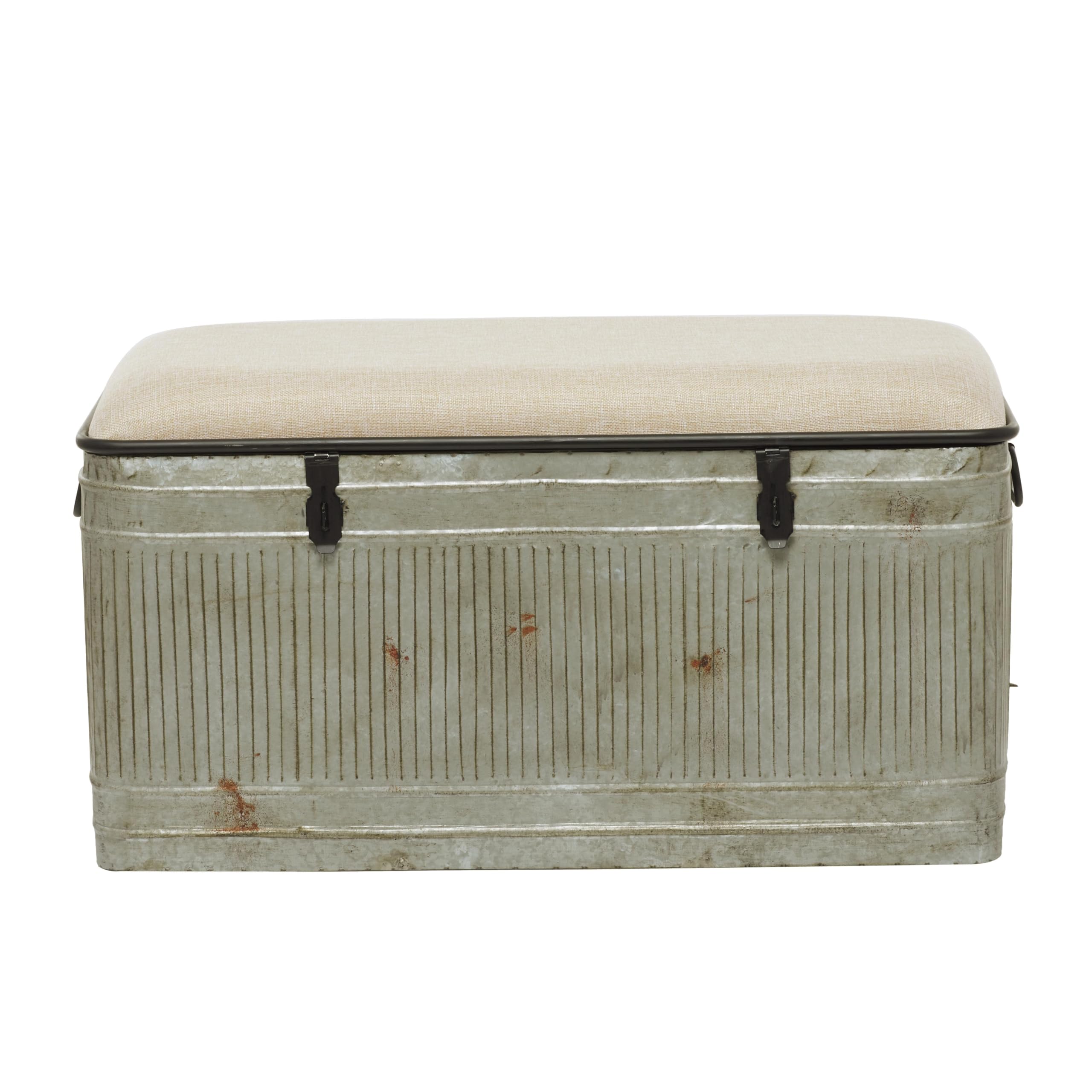 Deco 79 Metal Room Storage Bench Galvanized Entryway Bench with Cream Burlap Top and Black Latches, Bench 38" x 16" x 19", Gray