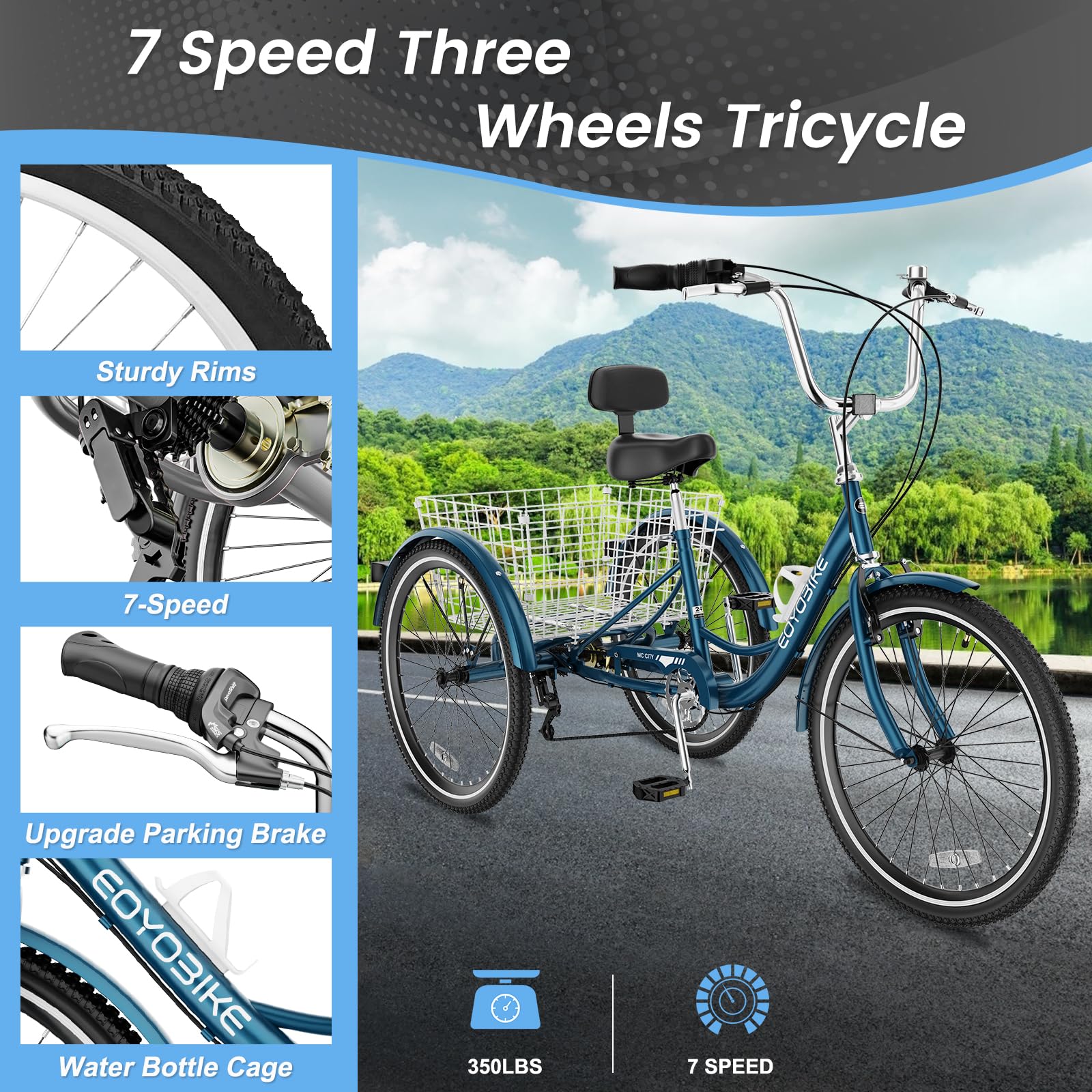 Slsy Adult Tricycle 7 Speed, 20/24/26 Inch Step-Through 3 Wheel Bike for Adults with Large Shopping Basket, 350 lb Capacity Adult Trike for Seniors, Women and Men