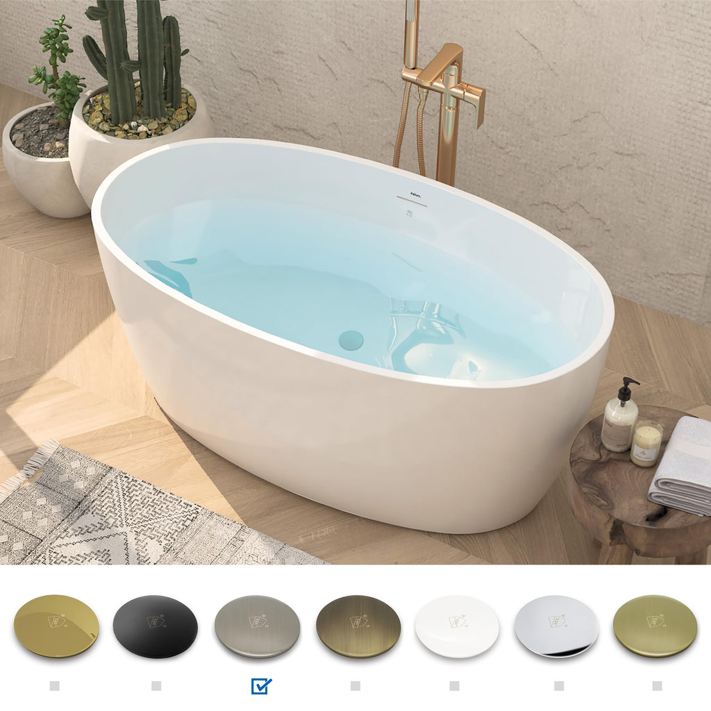 FerdY Tahiti 55" Acrylic Freestanding Bathtub, Elegant Oval Shape Soaking Bathtub, Glossy White, Brushed Nickel Drain & Integrated Slotted Overflow Assembly Included cUPC Certified