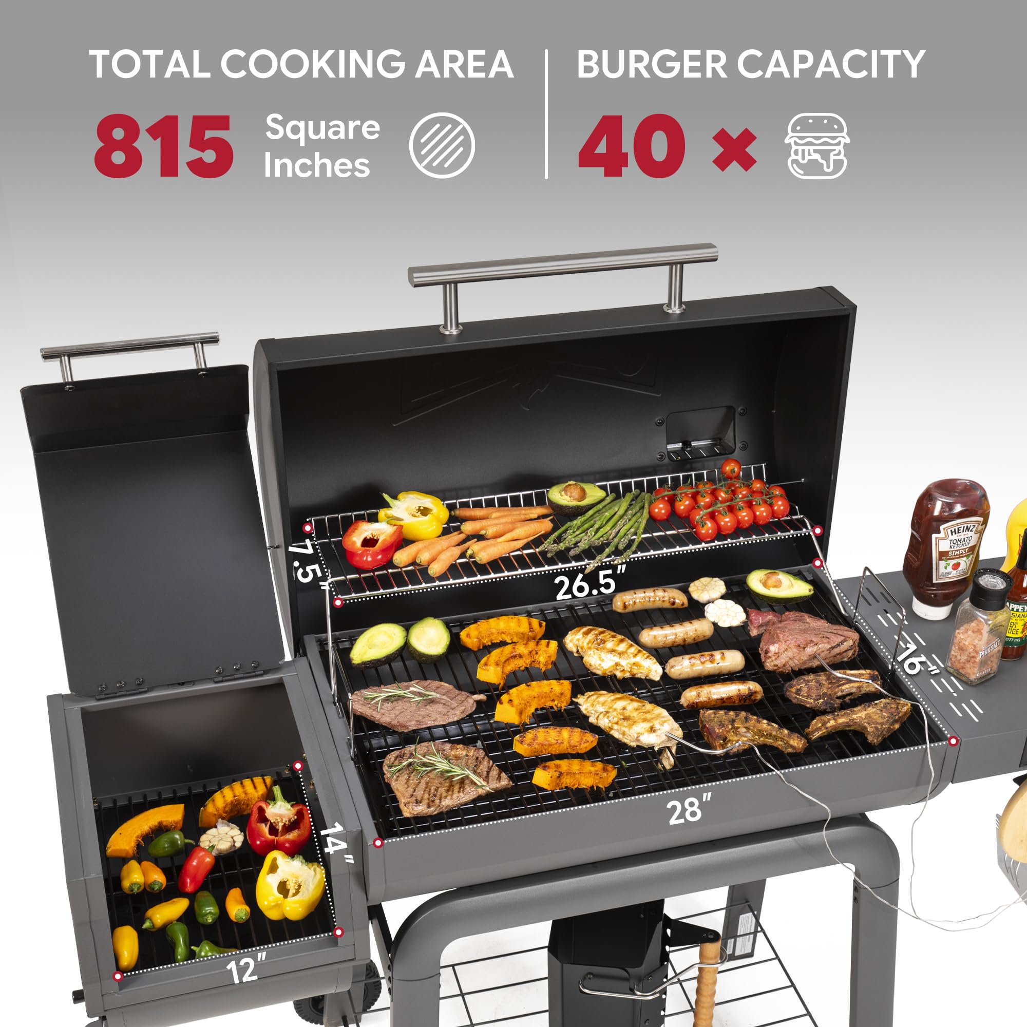 Feasto 30-Inch Heavy-Duty Charcoal Grill with Digital Temperature Control & 2 Meat Probes, Outdoor BBQ Grill with Offset Smoker, 832 Sq. In. Cooking Space for Backyard BBQ, Black & Grey