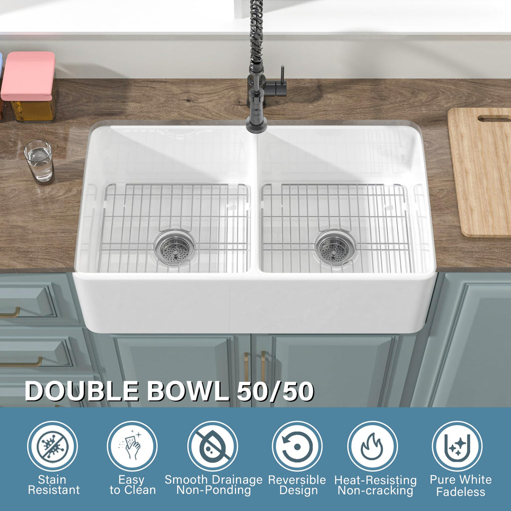 HOMLYLINK Double Bowl Farmhouse Sink White 33 x 18 Inch, Firecaly Apron Front Undermount Farm Sink Reversible(Sleek & Fluted Optional), Heavy-duty Dual Basin 50/50, for Kitchen