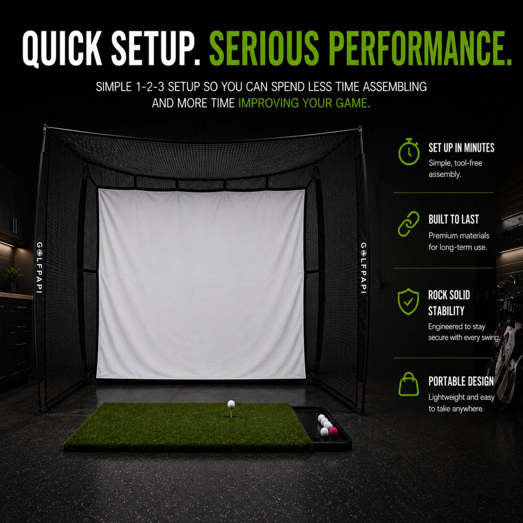 GOLF PAPi Mobile Golf Simulator Net – 10ft Compact Practice Net with Steel Frame & Impact Screen – Indoor & Outdoor Golf Training for Backyard, Garage & Home Sim Setup