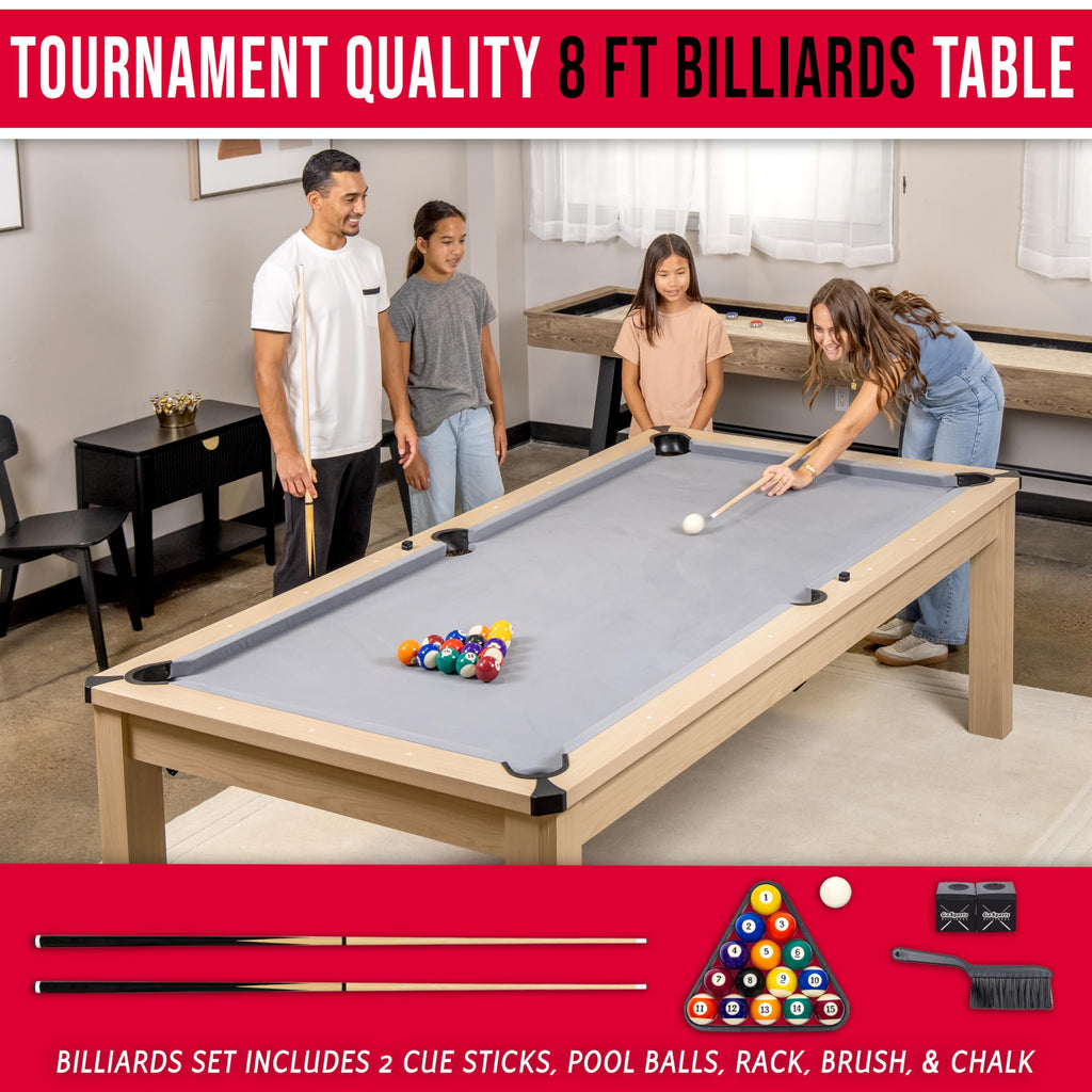 GoSports 8 ft 3 in 1 Pool, Dining, & Table Tennis Combo Table and Storage Benches - Convertible Billiards with Game Accessories - Light Birch