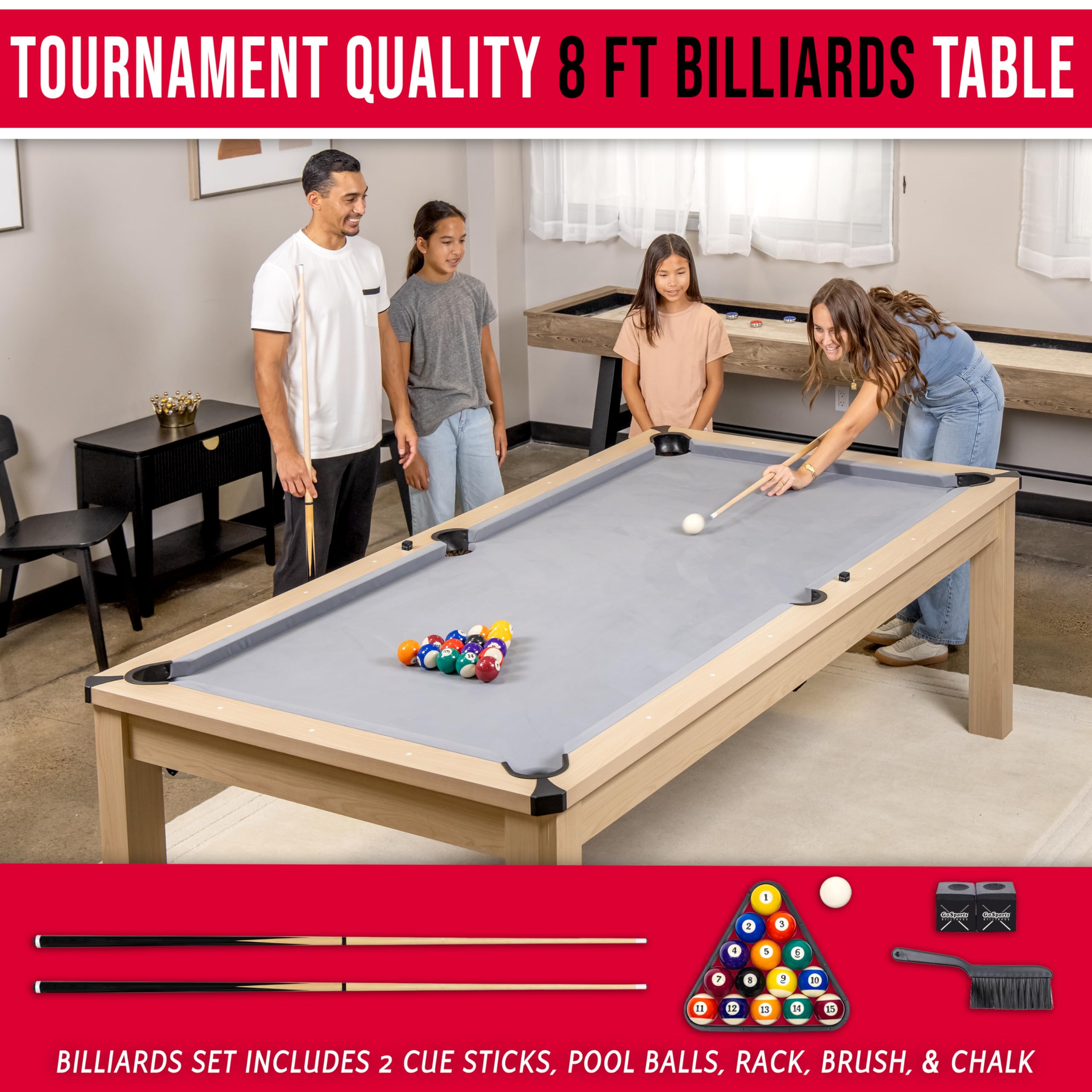 GoSports 8 ft 3 in 1 Pool, Dining, & Table Tennis Combo Table and Storage Benches - Convertible Billiards with Game Accessories - Light Birch