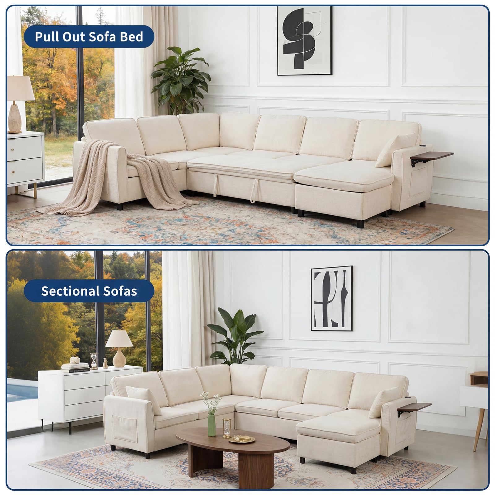 Modular Sectional Sleeper Sofa with Pull Out Bed, 116" Large U Shaped 7 Seater Sectional Couches with Ottoman, Charging Port & Foldable Side Table, Comfy Chenille Cloud Sofas for Living Room, Beige