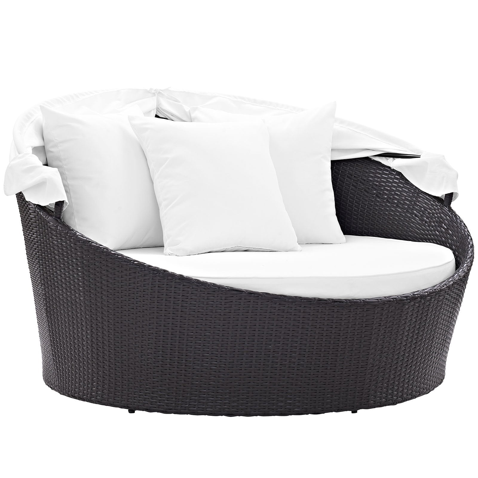 Modway Convene Wicker Rattan Outdoor Patio Retractable Canopy Round Poolside Sofa Daybed in Espresso White