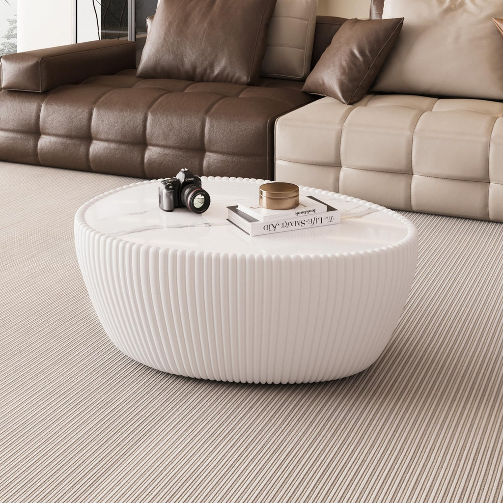 KEIKI 32.1" Goose Eggs Shape Coffee Table, Modern Sofa Side Table with Marble Top & Leather Wrap, Small End Table for Living Room, Bedroom, Office, White