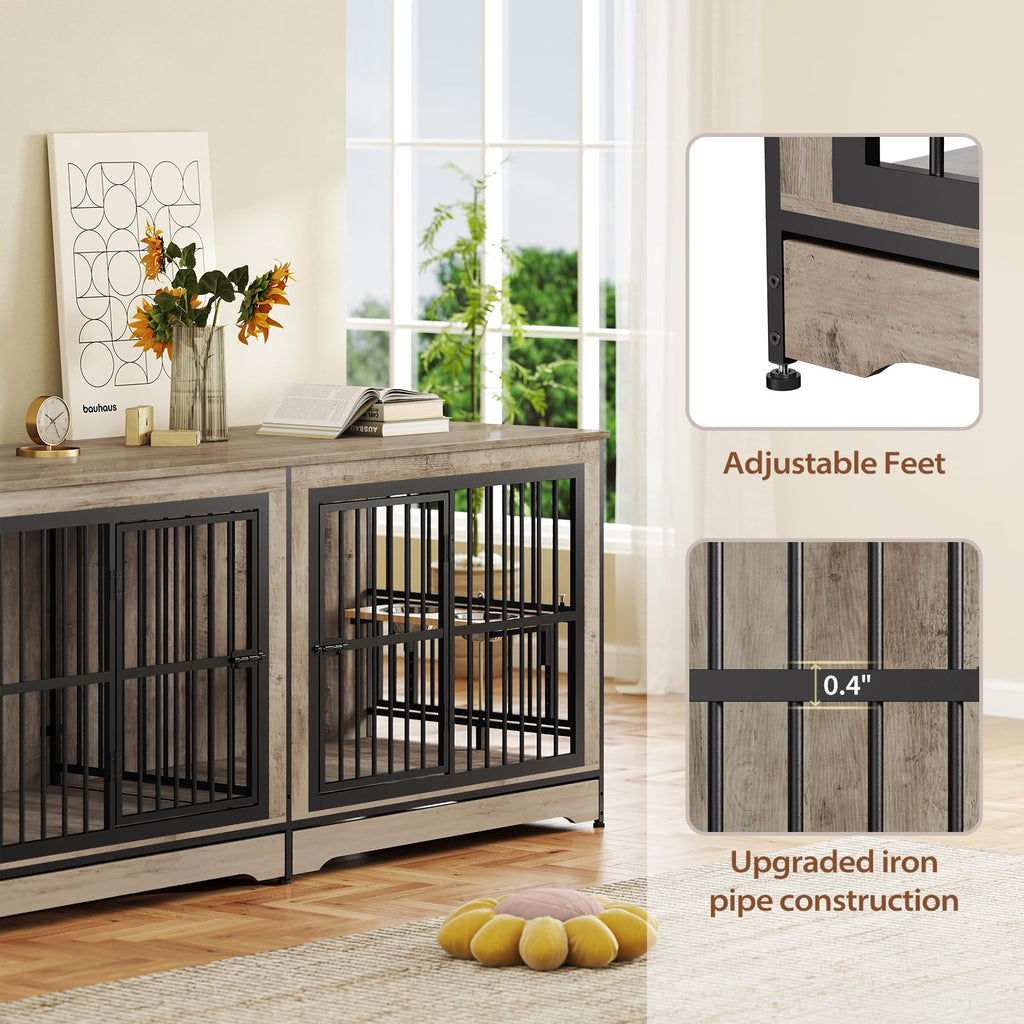 Rovibek 78 Double Dog Crate Furniture for 2 Large Dogs Indoor, Wooden Furniture Dog Crates with Dog Bowl, Dog Kennel Furniture TV Stand Large Breed Grey