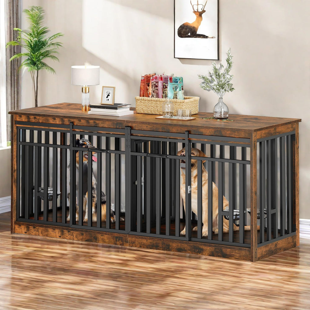 71 Inch Double Dog Crate Furniture for 2 Dogs, Heavy Duty Wooden Dog Crate TV Stand with 4 Dog Bowls, Dog Kennel Indoor Furniture Sliding Barn Door Design for Extra Large Dogs, Rustic Brown