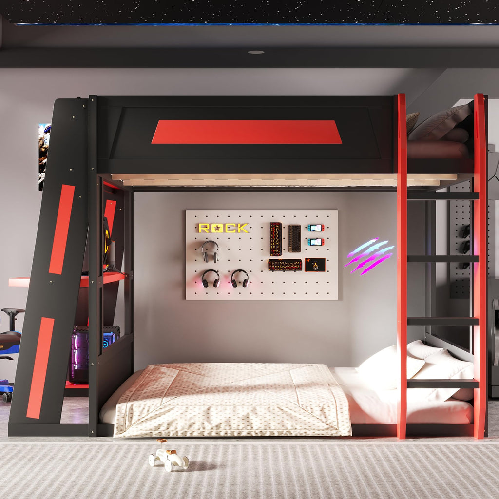 Merax Queen Over Queen Wooden Gaming Bunk Bed with Built-in Desk, LED Lights, USB Port, and 2 Storage Shelves, Solid Wood Gaming Loft Bed for for Bedroom, Black+Red