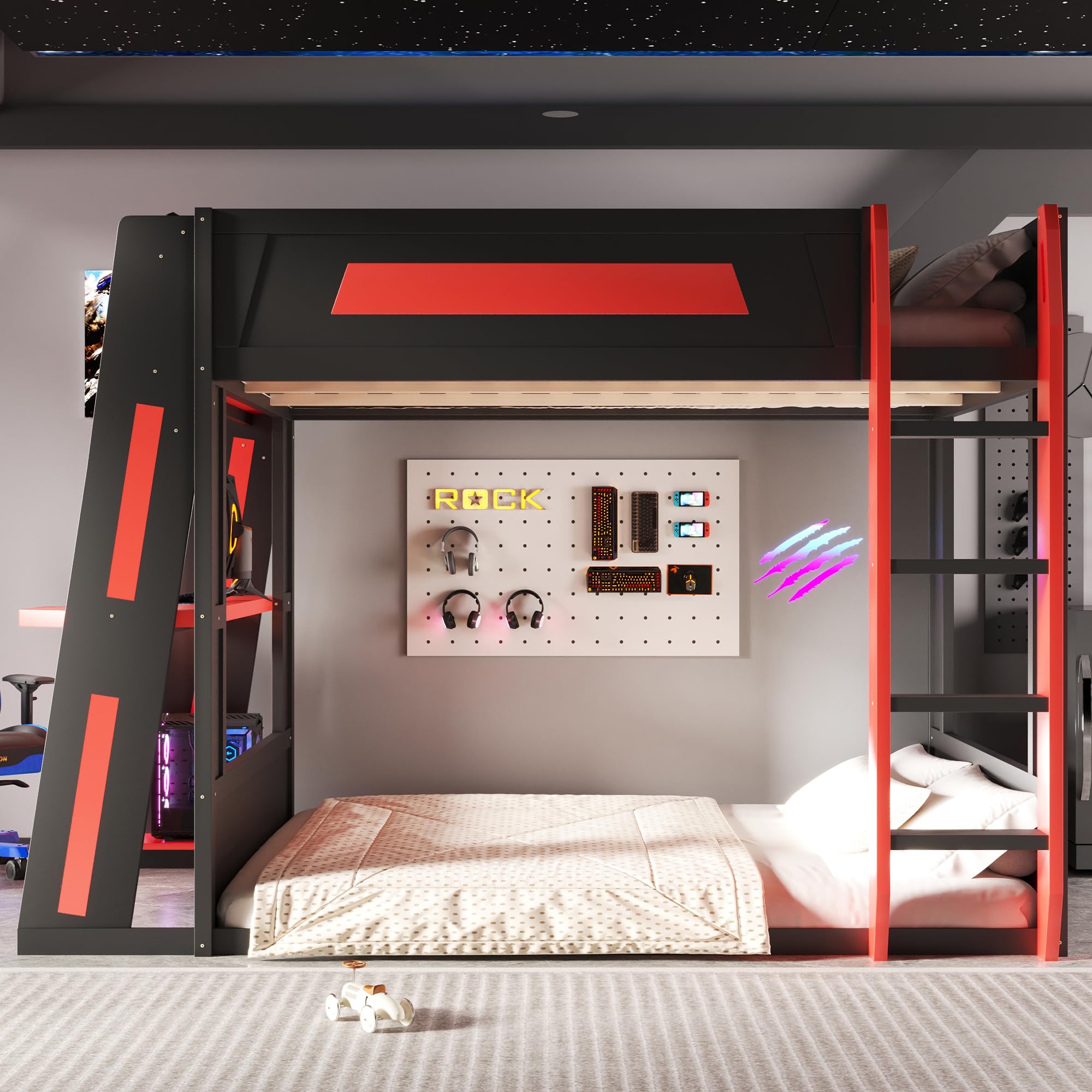 Merax Queen Over Queen Wooden Gaming Bunk Bed with Built-in Desk, LED Lights, USB Port, and 2 Storage Shelves, Solid Wood Gaming Loft Bed for for Bedroom, Black+Red