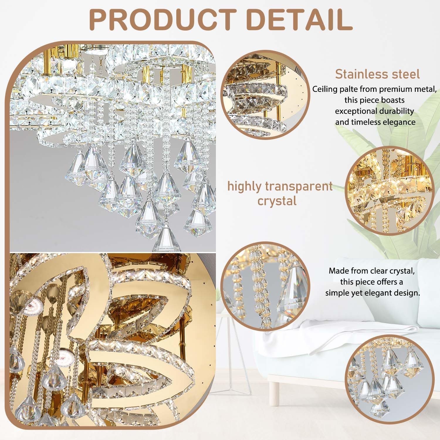 Flashing God 32'' Modern Crystal Chandeliers for Living Room Crystal Ceiling Light Fixture LED Dimmable Pendant Lighting Flush Mount Ceiling Chandelier for Dining Room Bedrooms Foyer Gold