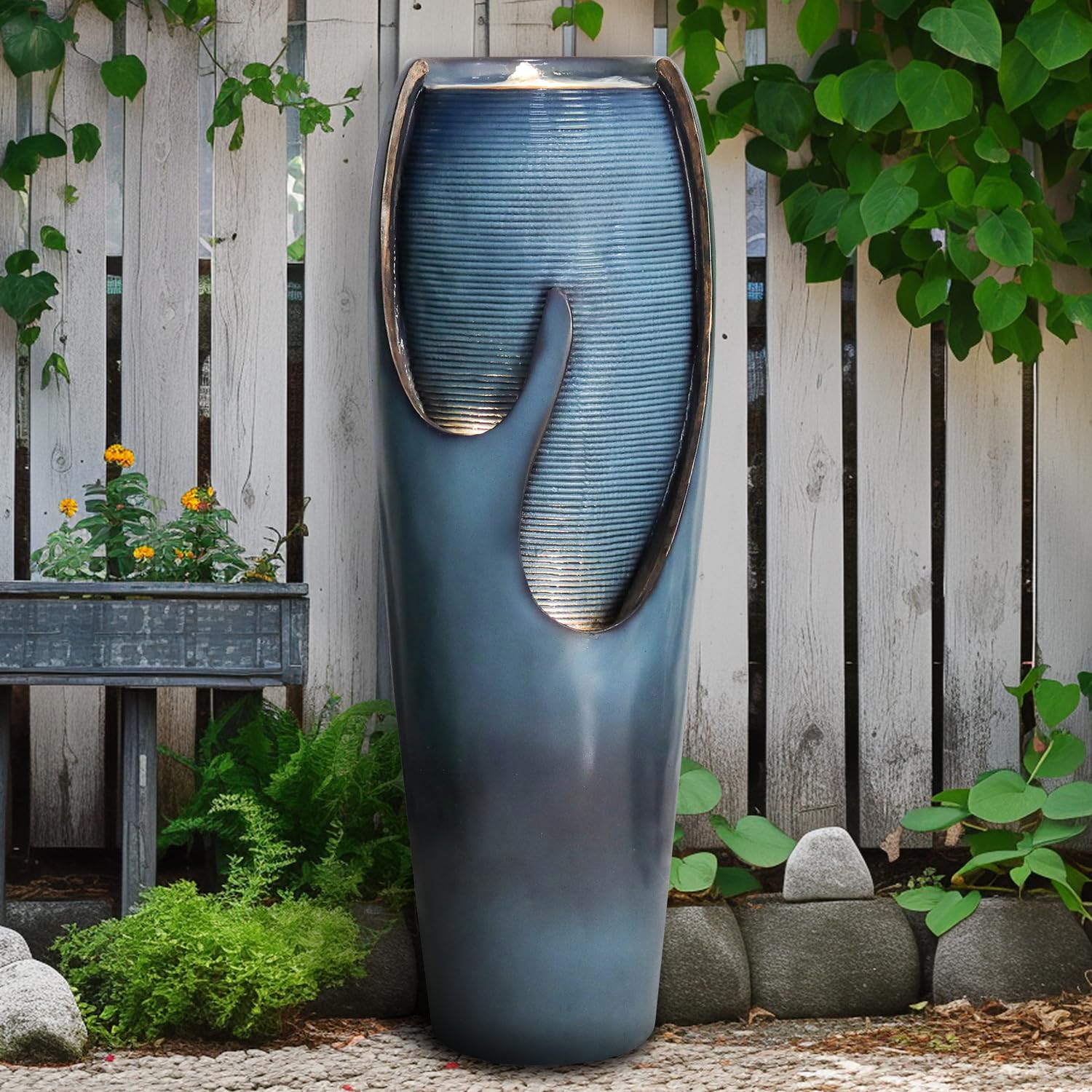 Naturefalls 38.7” H Modern Outdoor Fountain - 4-Tiered Outdoor Garden Fountains with Contemporary Design&LED Light for Garden, Patio, Deck, Porch, Backyard and Home Art Decor