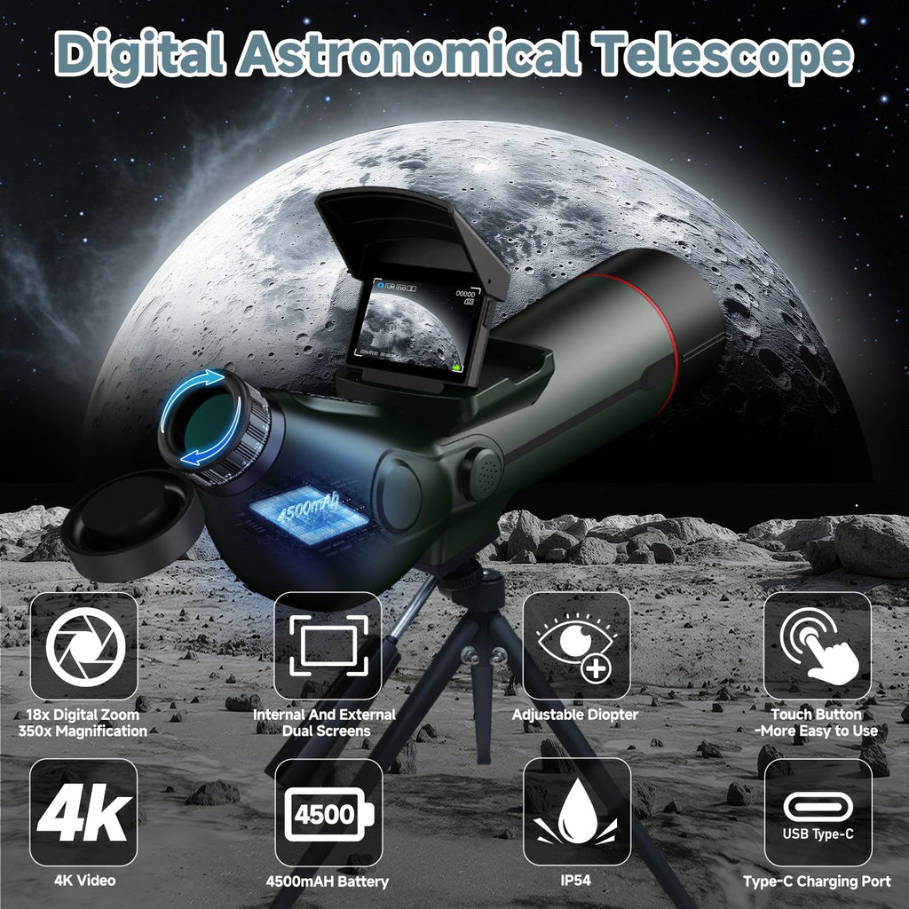 Smart Telescope, Professional Refractor Auto-focus Portable Digital Electronic Telescopes with 4K Astrophotography Camera, Internal And Externat Dual Screens Spotter for Adults and Beginners Astronomy