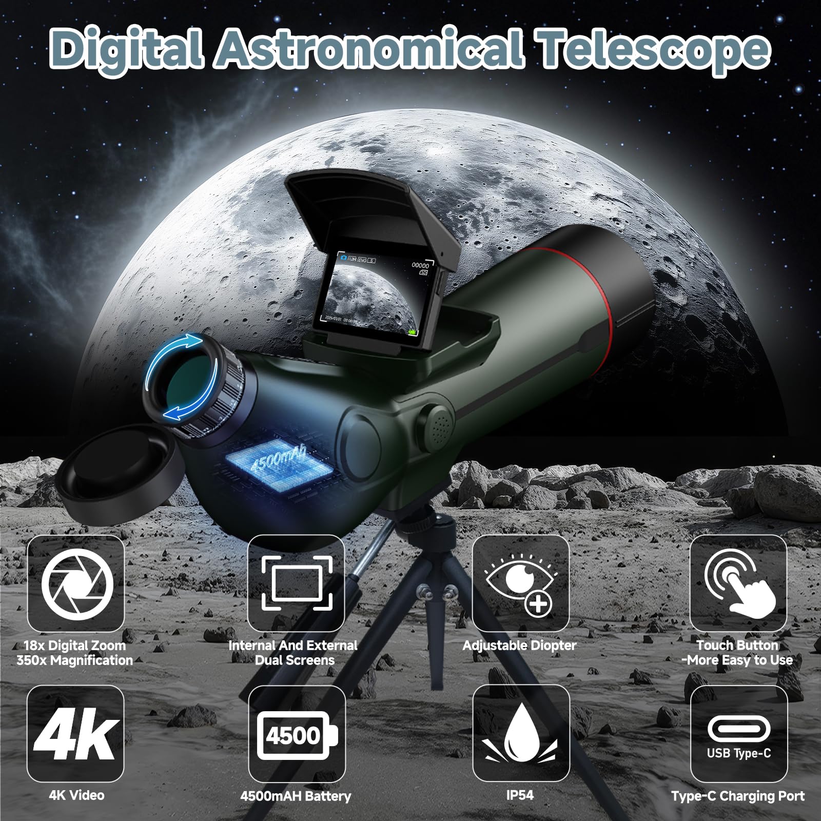 Smart Telescope, Professional Refractor Auto-focus Portable Digital Electronic Telescopes with 4K Astrophotography Camera, Internal And Externat Dual Screens Spotter for Adults and Beginners Astronomy