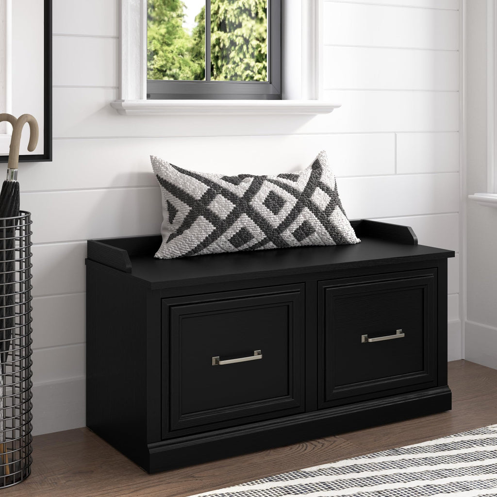 Bush Furniture Woodland 40W Shoe Storage Bench with Doors in Black Suede Oak | Footwear Organizer for Home Entryway, Mudroom, and Foyer