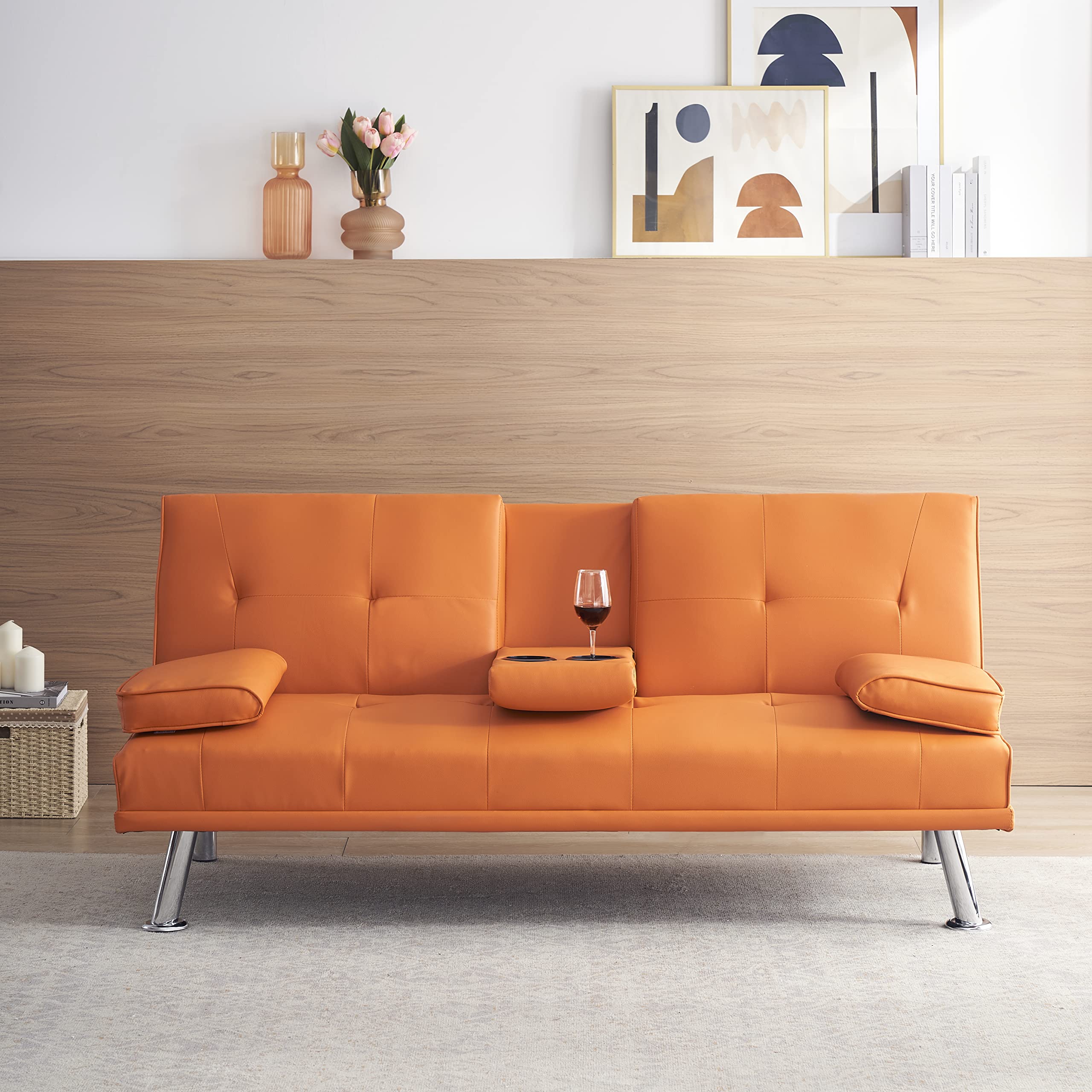KEIKI 67" Leather Folding Futon Sofa w/Cup Holder & Adjustable Backrest, Mid Century Modern Couch Loveseat Convertible to Sleeper Bed, Comfy Cloud Couch SofaBed for Living Room & Bedroom, Orange