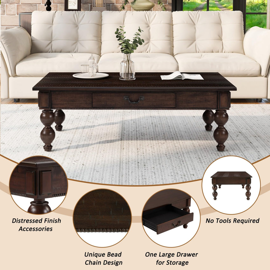 KEIKI 47''L Solid Wood Coffee Table with Storage Drawer, Rectangular Traditional Vintage Cocktail Center Table for Living Room, Rubber Wood Gourd-Shaped Legs, Acacia Wood Veneer, Espresso