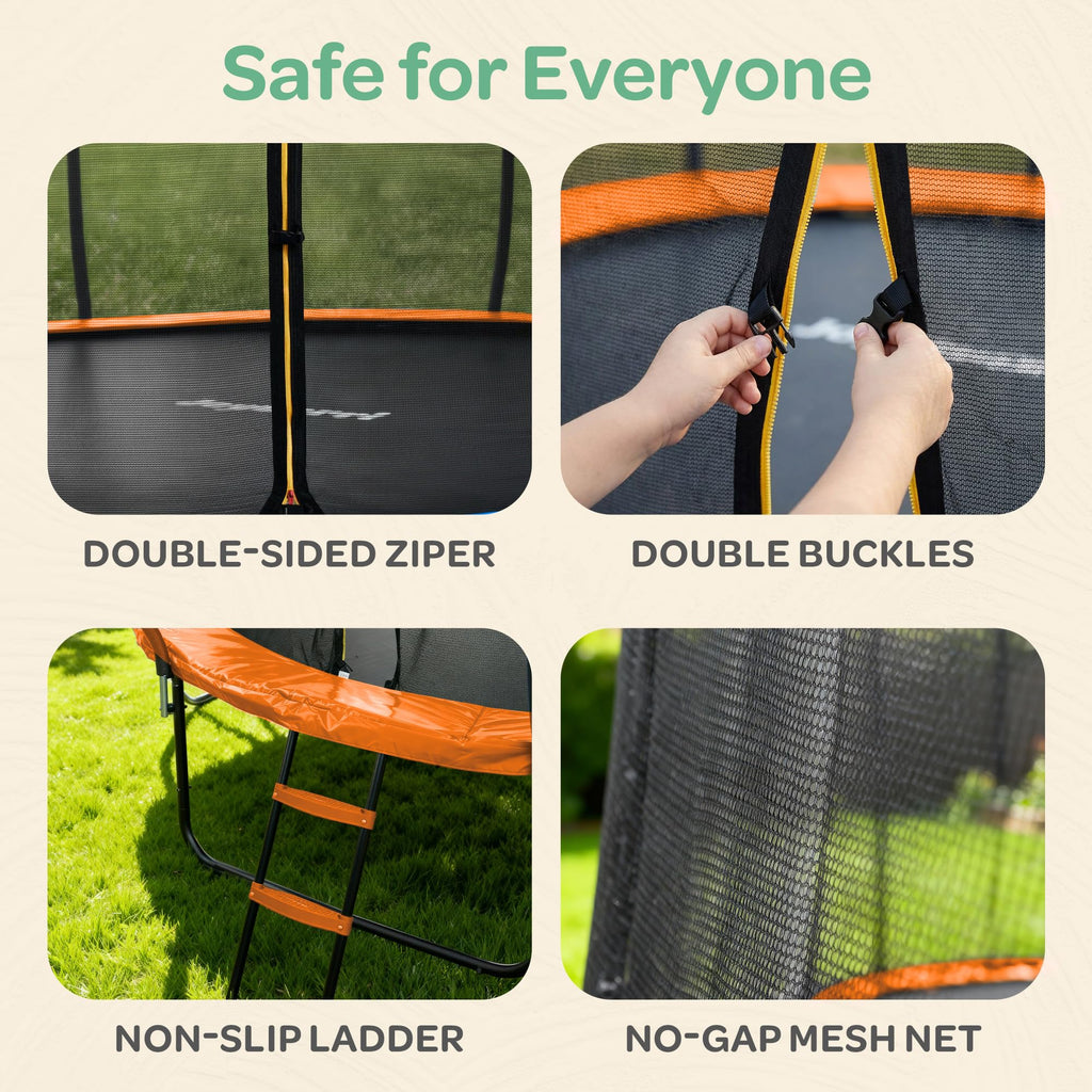 JoyBerri Trampoline Outdoor - Upsurge ASTM Certified Safe 8Ft 10Ft 12Ft 14Ft 15Ft 16Ft Recreational Trampoline for Kids and Adults. Anti-Rust Coating with Enclosure Net, Ladder, Sprinkler & LED Lights
