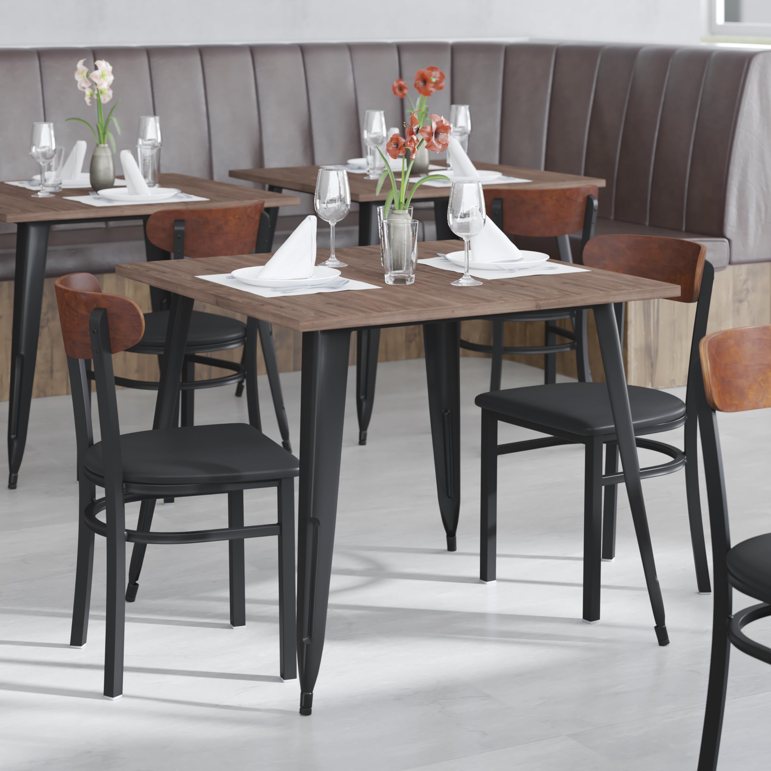 Flash Furniture Wright Set of 2 Commercial Dining Chairs - Walnut Wood Boomerang Back - Black Vinyl Seat - 500 LB. Capacity Black Steel Frame-Integrated Footrest