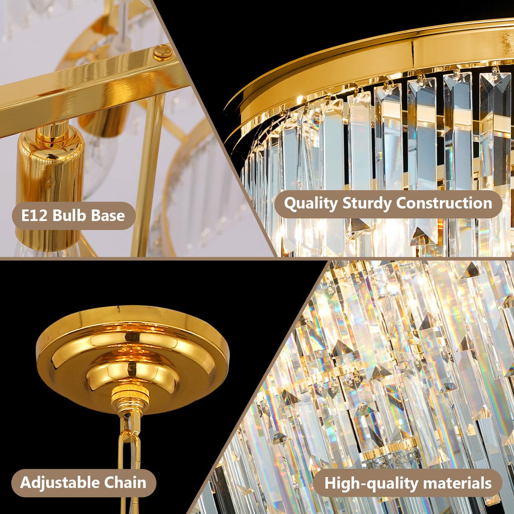CHGUOSZ 27'' Modern Crystal Chandelier, Gold Round Ceiling Light with Clear Prisms, Luxury Flush Mount Lighting Fixture for Dining Room Bedroom Foyer