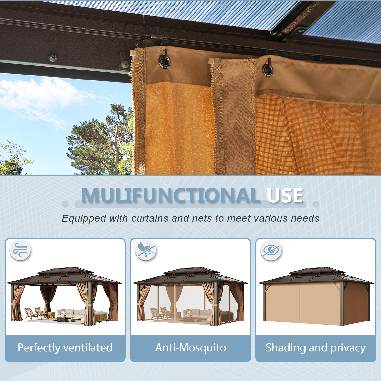 Aoxun 12'x16' Hardtop Gazebo, Aluminum Frame Permanent Pavilion with Curtains and Netting, Outdoor Polycarbonate Double Roof Canopy with Ceiling Fan, for Garden, Lawns, Patio, Brown