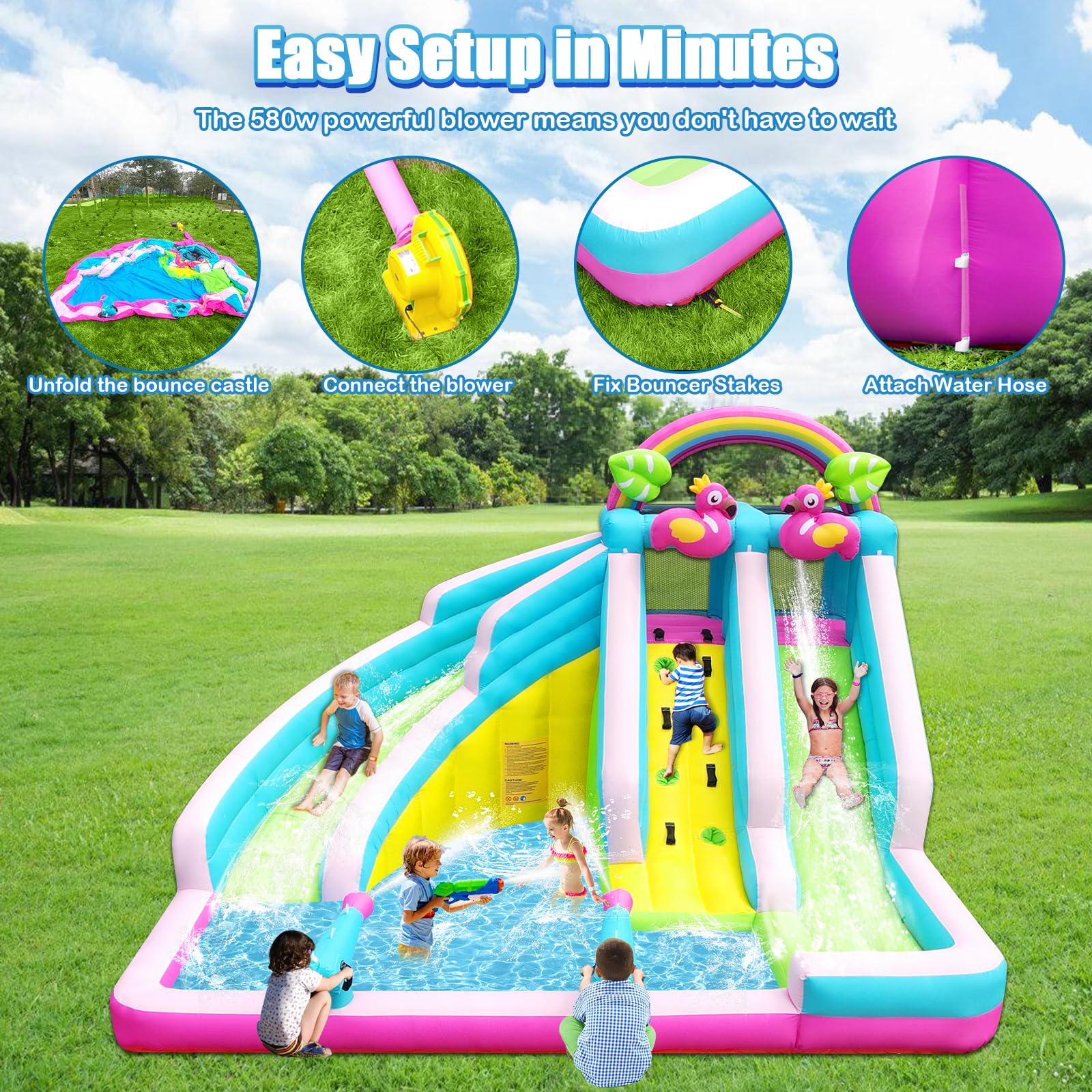 Inflatable Water Slide, 6 in 1 Blow Up Water Park Aged 3-10, Flamingo Style Water Bounce House with Double Long Slides, Splash Pool, 580W Blower Waterslide for Kids and Adults Backyard