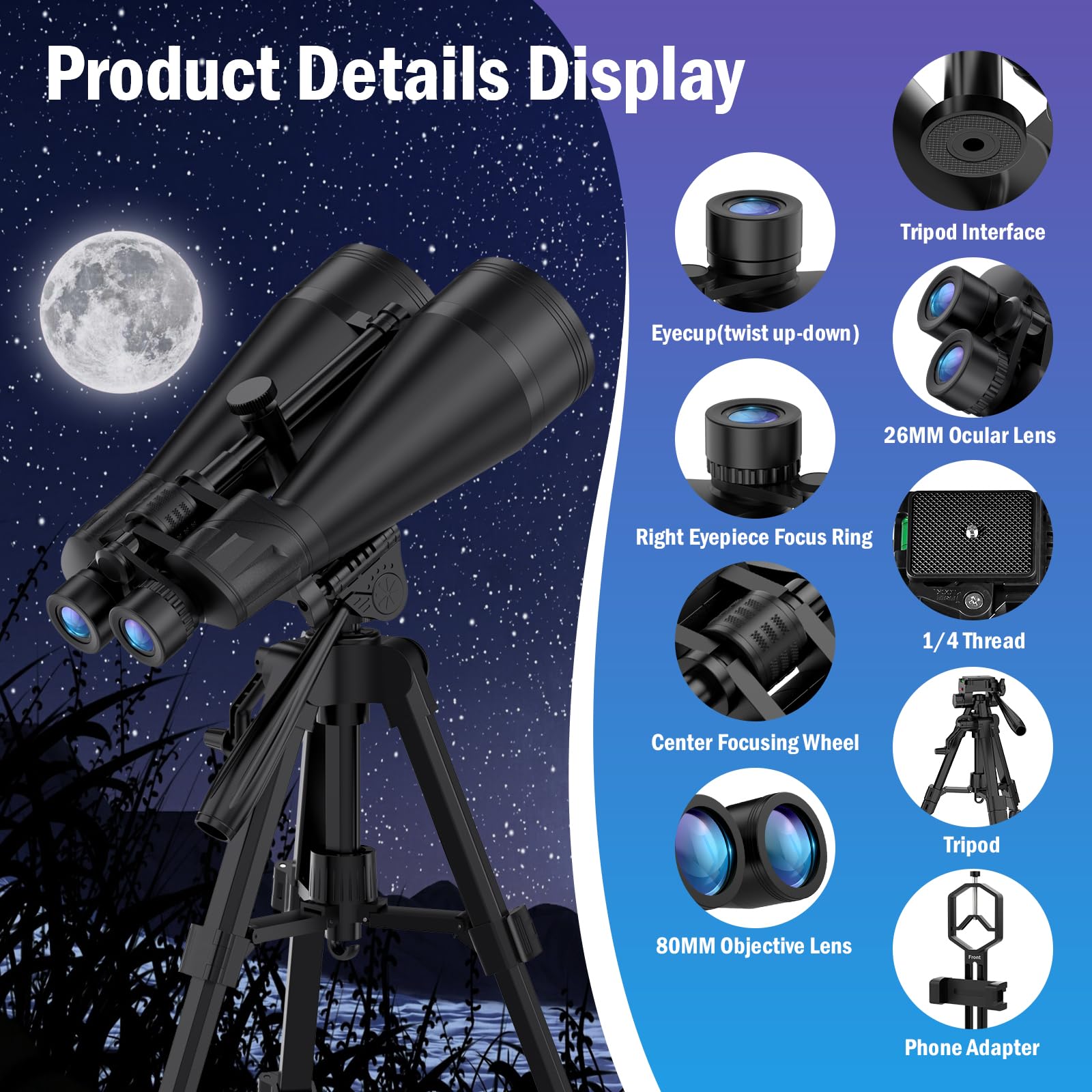 20x80 Astronomy Binoculars for Adults, High Power Stargazing Binoculars with Bak4 Prism, Low Light Vision for Moon Observation & Wildlife Watching, Includes Tripod,Tripod Adapter and Carrying Case