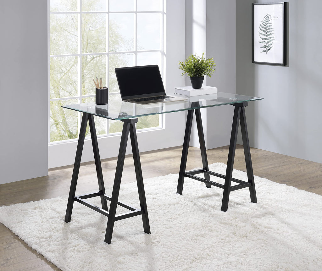 OSP Home Furnishings Middleton 47 Inch Desk with Clear Beveled Glass Top, Black Base