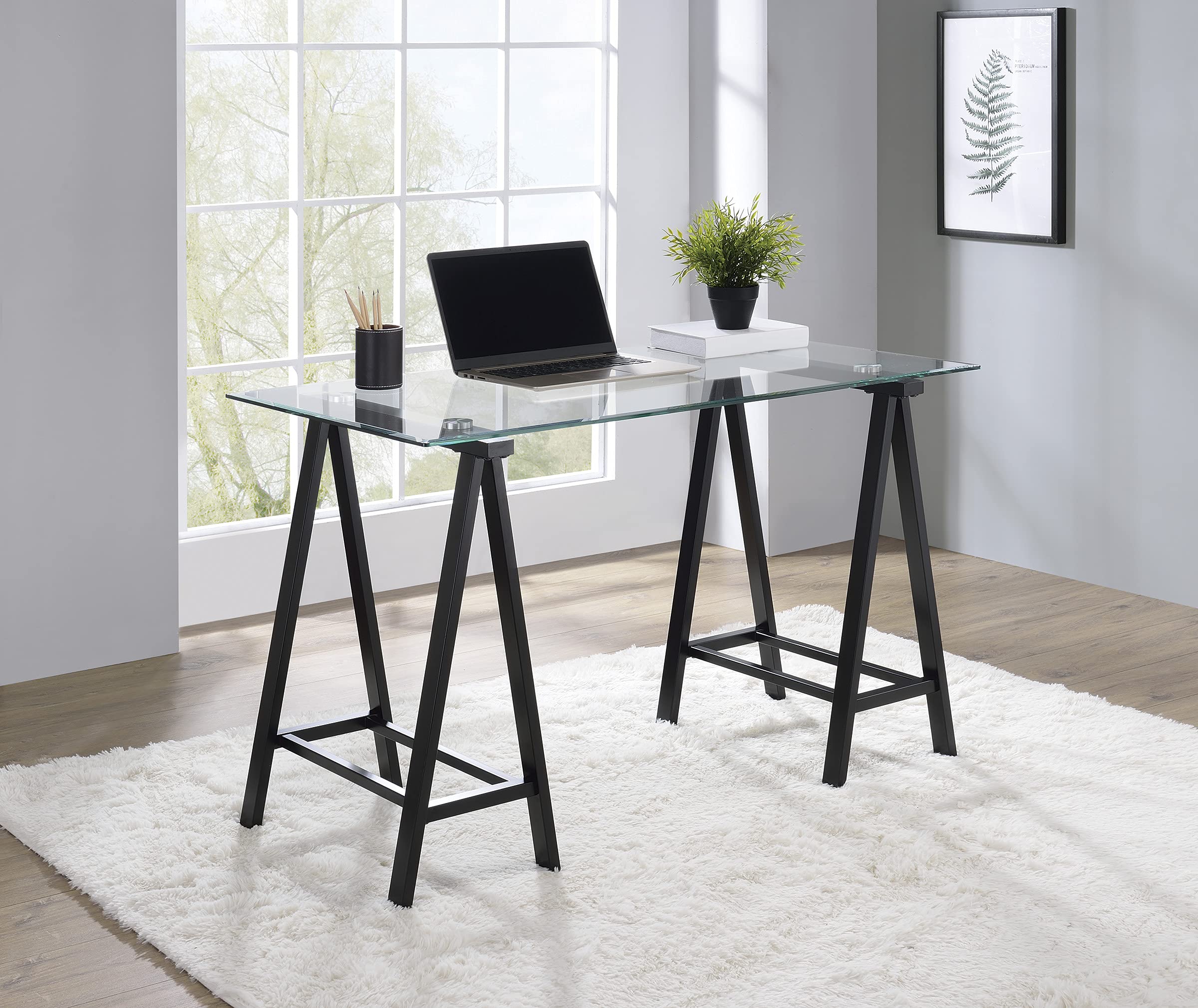 OSP Home Furnishings Middleton 47 Inch Desk with Clear Beveled Glass Top, Black Base