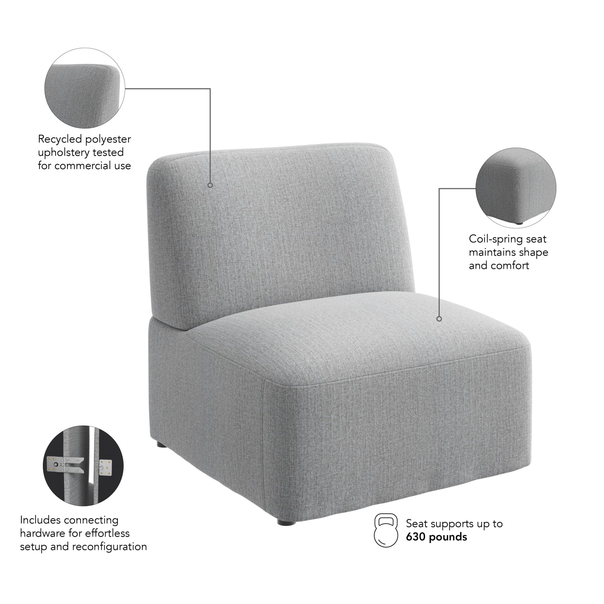 Bush Business Furniture Modular Armless Lounge Chair, Guest Seating for Lobby or Reception Area, Assemble Collection, Fog Fabric