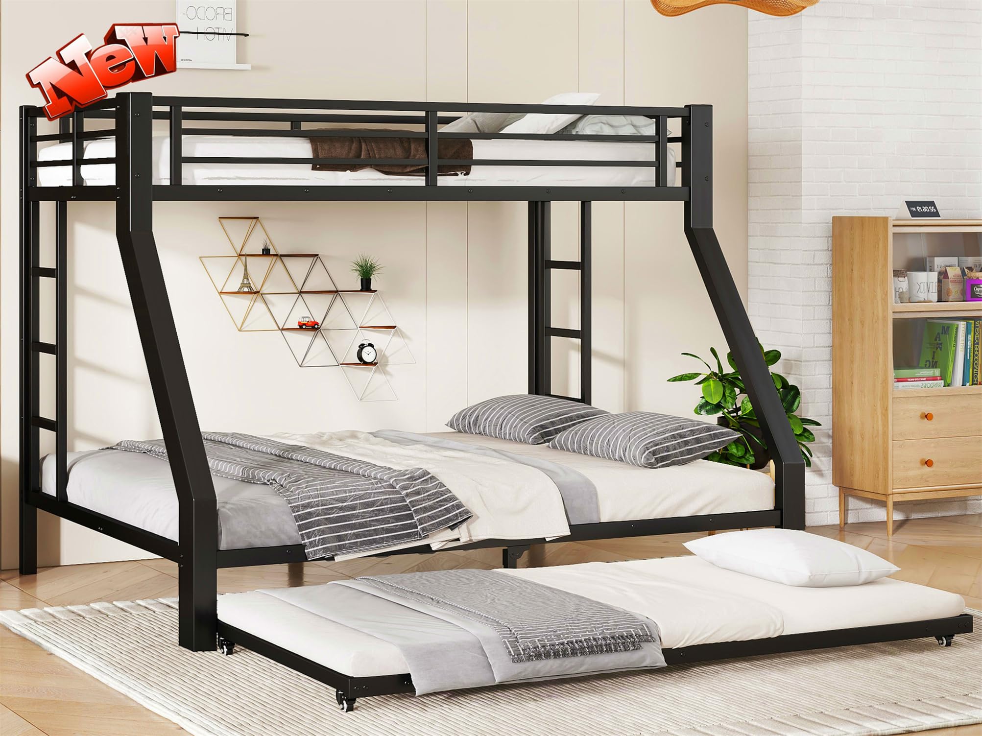 NOAHLEO Stronger & Safer Heavy Duty Metal Twin XL Over Queen Size Bunk Bed with Twin Trundle for Adults Teens, More Stable Thickened Steel Bunkbed (Twin XL Over Queen with Twin Trundle)