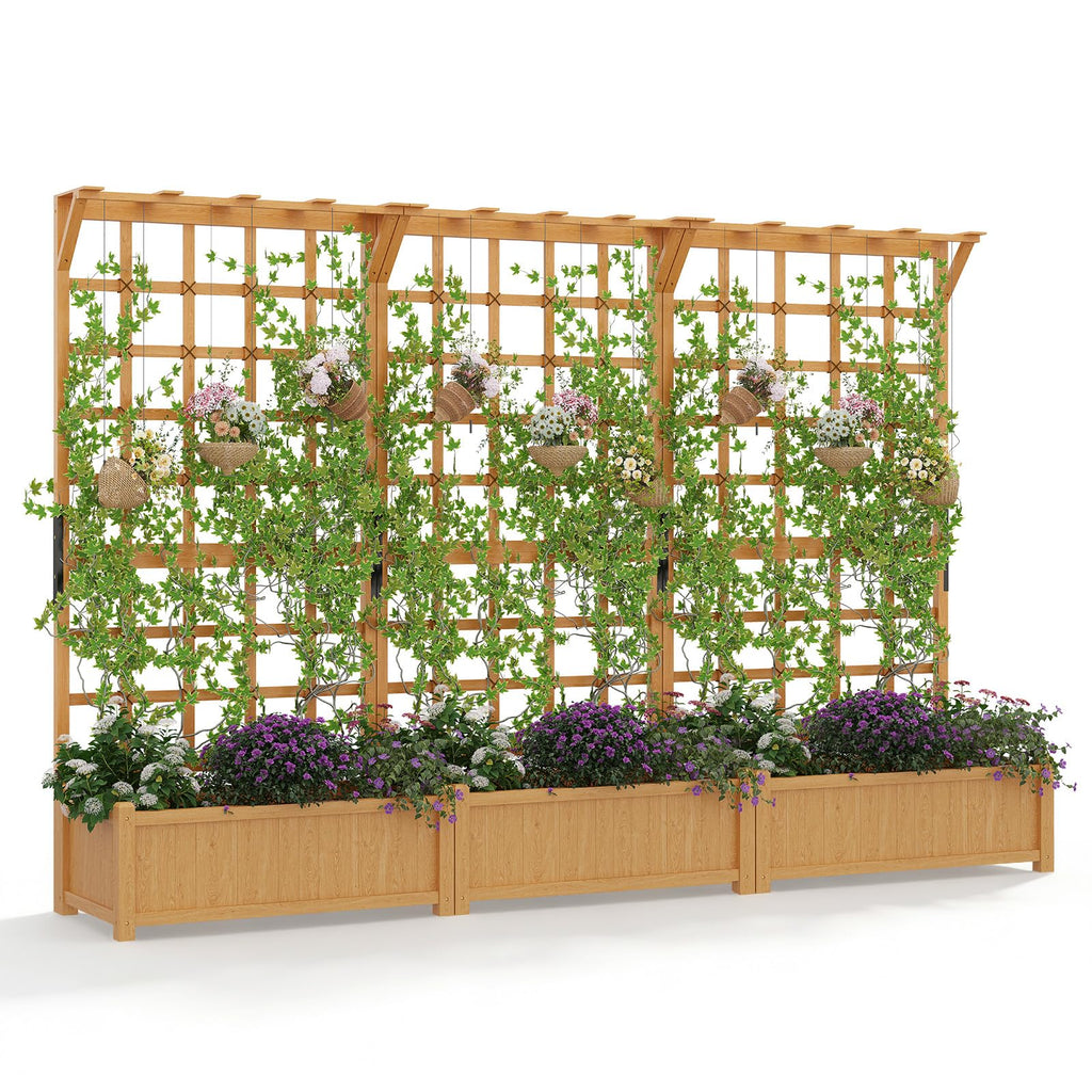 Aoxun 108" Wooden Raised Garden Bed with Trellis & Hanging Roof, 3-Piece Plant Planter Boxes for Climbing Vines, Flowers & Plants