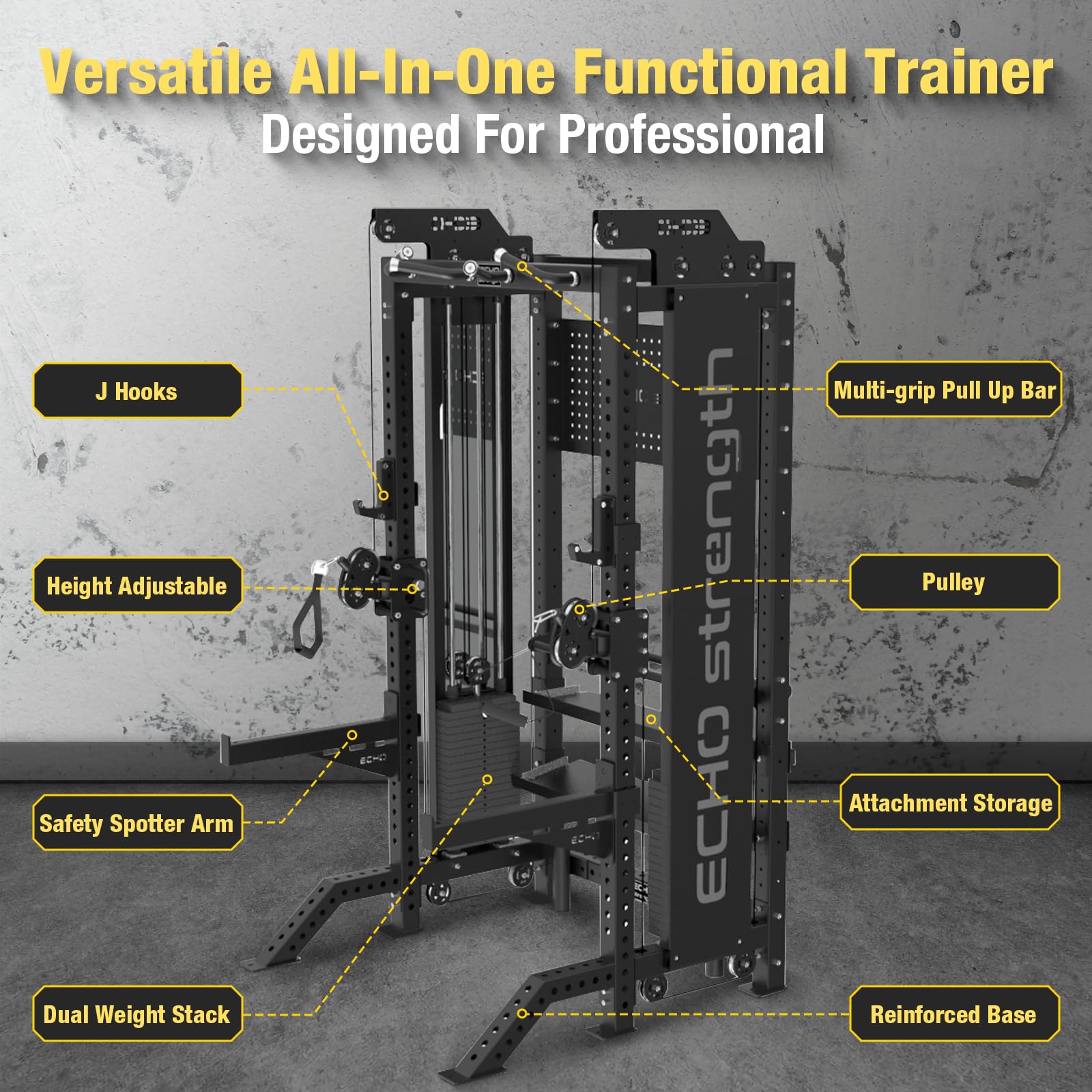 Commercial Functional Trainer Cable Machine with Dual Weight Stacks Power Cage Squat Rack Cable Crossover Exercise Machine with Pulley System All in One Home Gym Systems, Model B