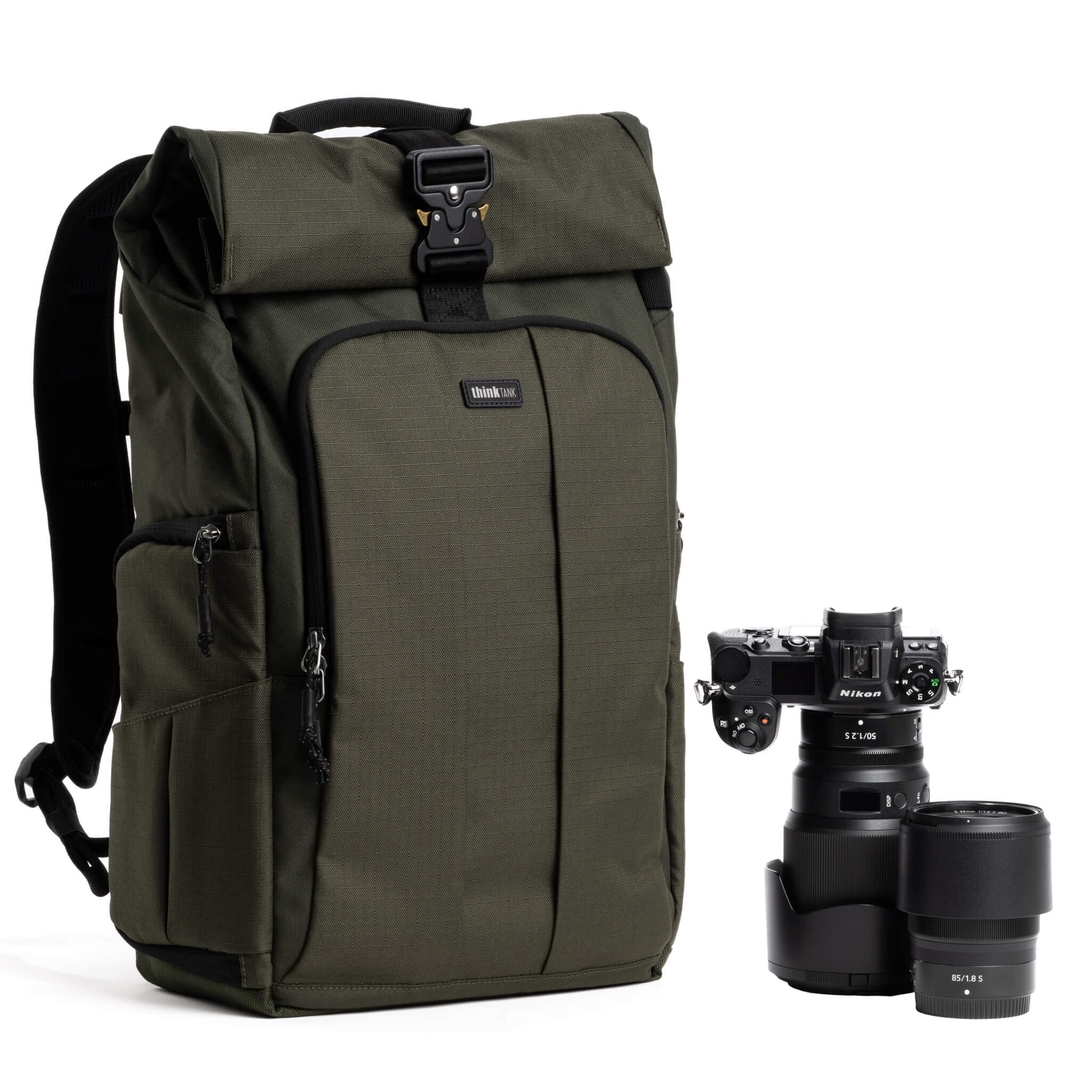 Think Tank FocusPoint 30L RollTop Camera Backpack - Greenway: Expandable Travel & Camera Backpack with Laptop Sleeve, Quick Side and Back Access, Rain Cover – Versatile Photography & Travel Bag