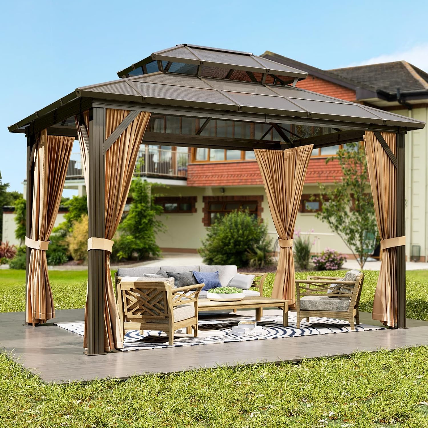 10'x13' Hardtop Gazebo, Outdoor Polycarbonate Double Roof Canopy, Aluminum Frame Permanent Pavilion with Curtains and Netting, Sunshade for Garden, Patio, Lawns (10x13ft)